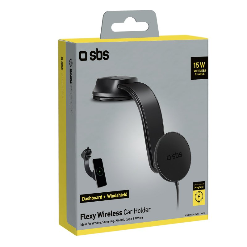 Czarny uchwyt samochodowy z ładowaniem bezprzewodowym, w pudełku z żółtymi akcentami.