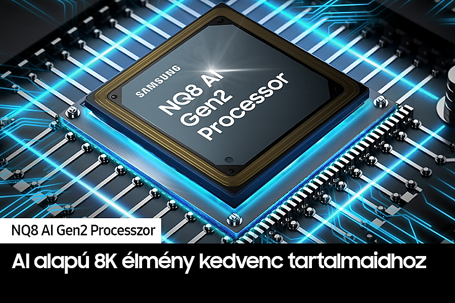 Közeli kép egy processzorról egy áramköri lapon kék fénylő vonalakkal.