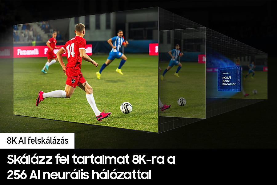 Egy futballista labdával fut egy zöld mezőn.