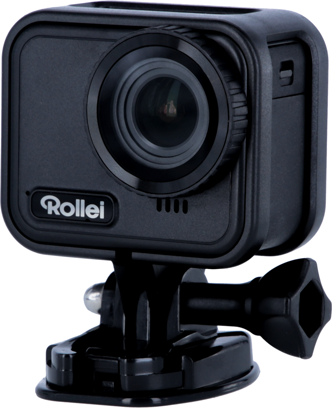Schwarze Action-Kamera mit Objektiv und Halterung, Markenname Rollei ist sichtbar.