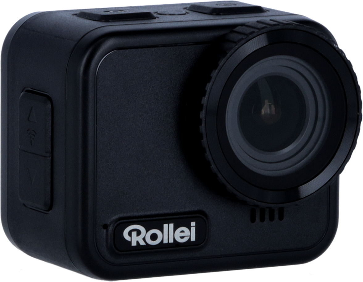 Eine schwarze Rollei Action-Kamera. Es ist eine kleine, quadratische Kamera mit einem markanten Objektiv und Tasten.