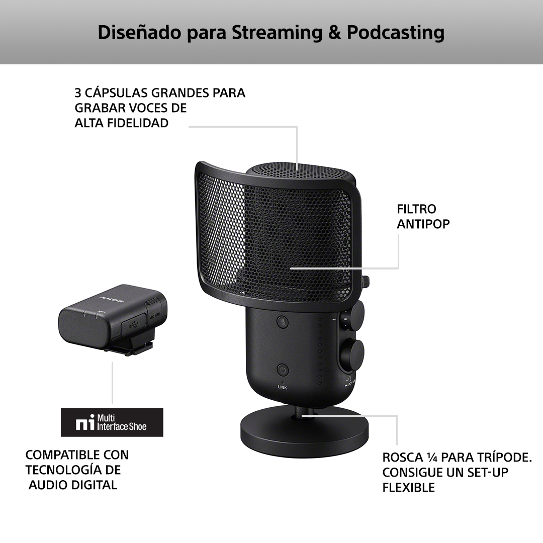 Micrófono negro con filtro antipop y soporte, con un pequeño dispositivo a la izquierda.