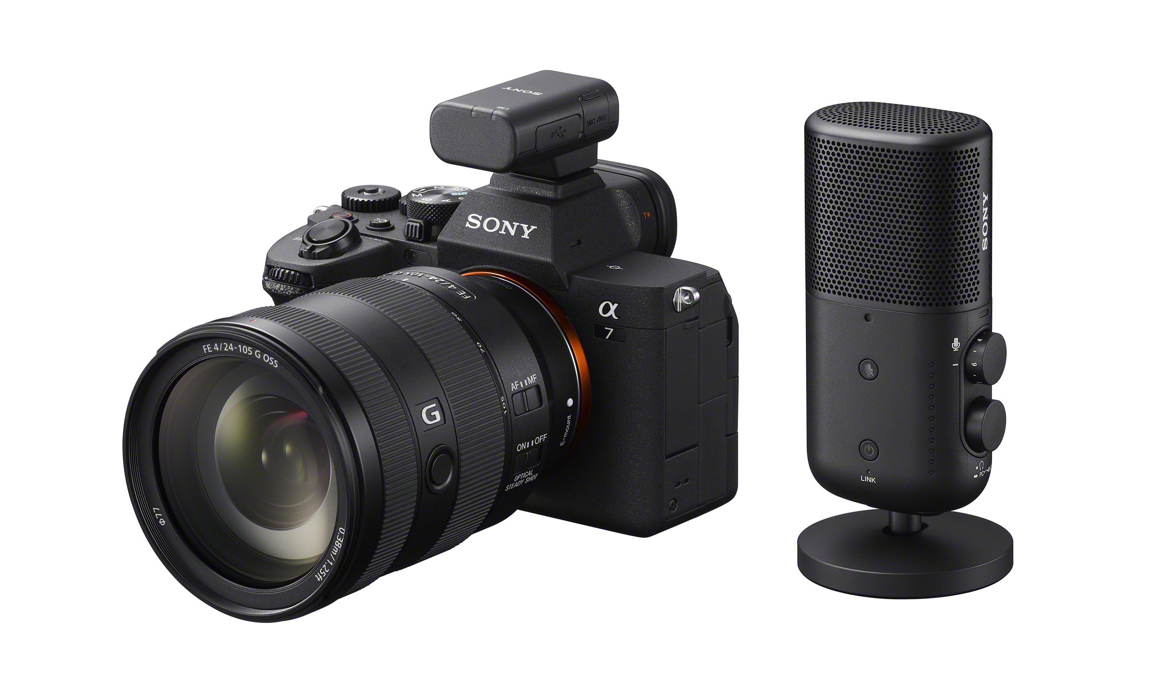 Una cámara Sony con un micrófono, ambos negros, sobre un fondo blanco.