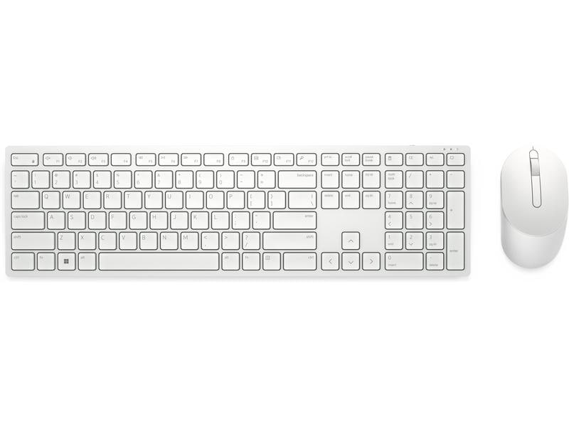 Ein weißes Tastatur- und Maus-Set auf weißem Hintergrund. Die Tastatur hat viele Tasten.