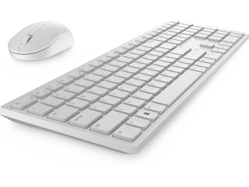 Ein weißes Tastatur- und Maus-Set auf weißer Oberfläche, ein schlichtes Design.