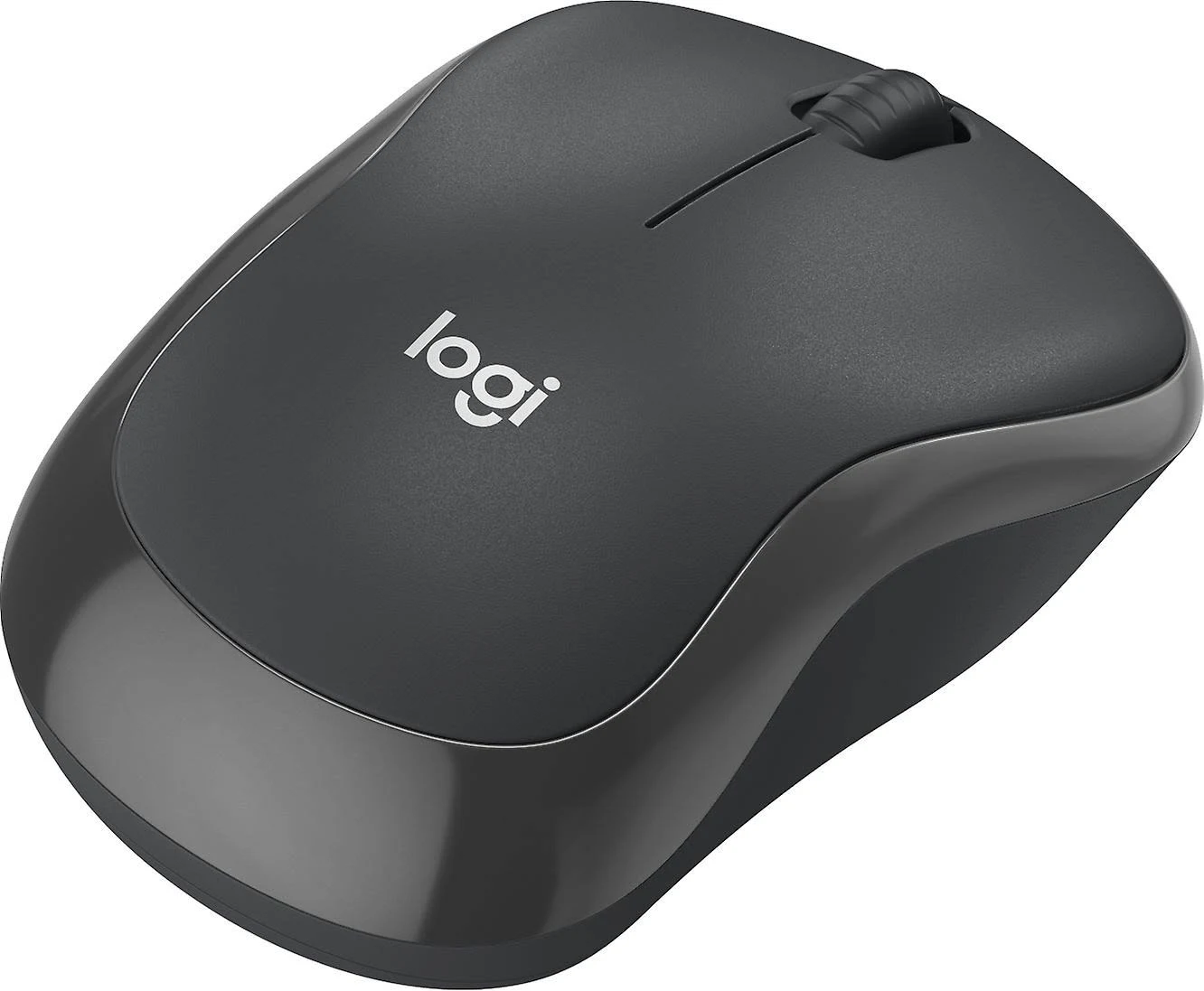 Une souris sans fil Logitech noire. Elle possède une molette de défilement et le logo Logitech. La souris est sur une surface blanche.