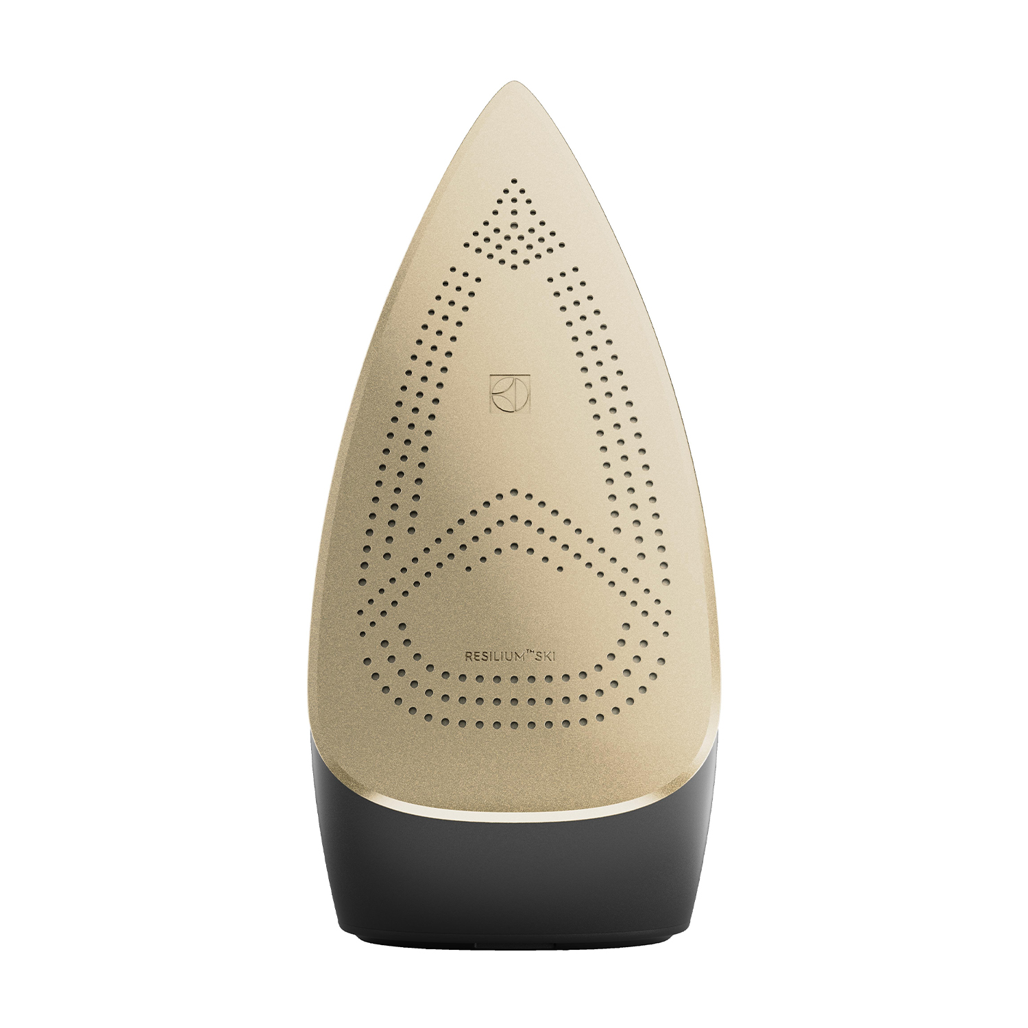 Un ferro da stiro oro e nero, visto dal basso. La base del ferro ha molti fori per il vapore, con il logo del marchio.