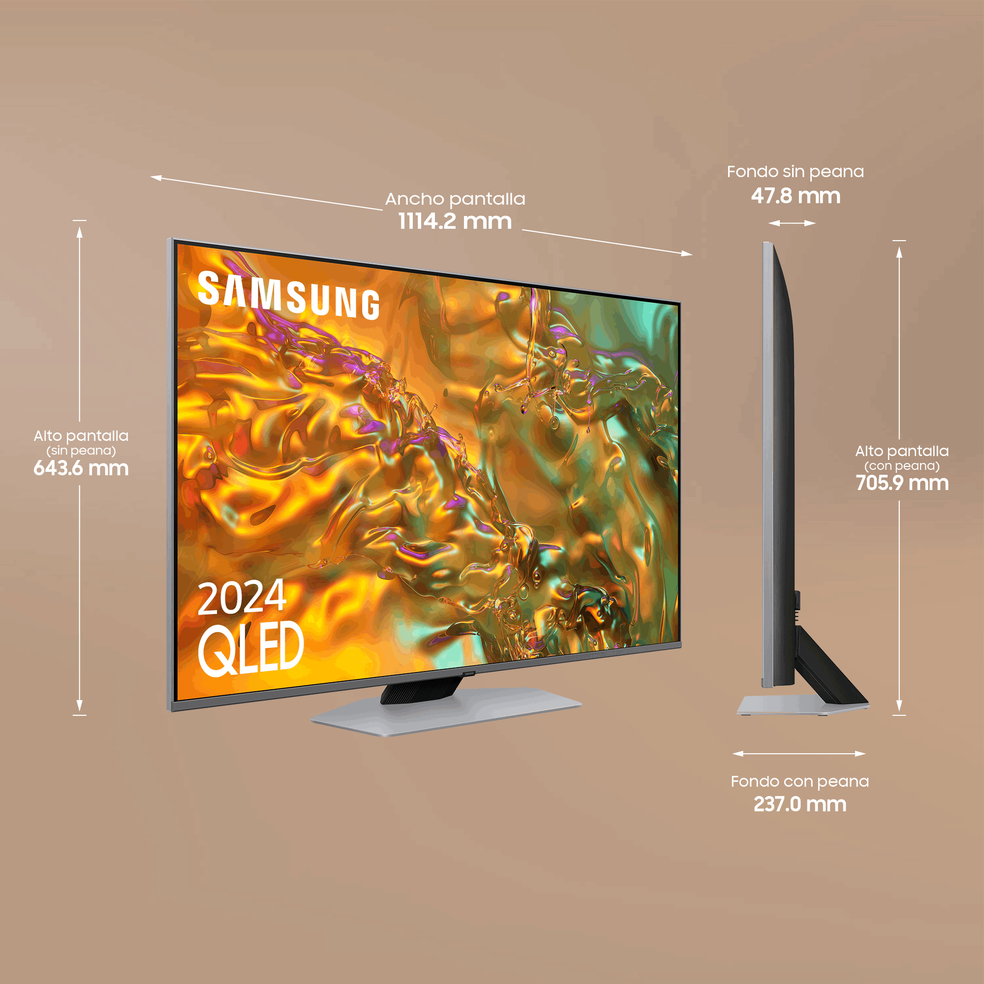 Un televisor Samsung 2024 QLED, con dimensiones mostradas.