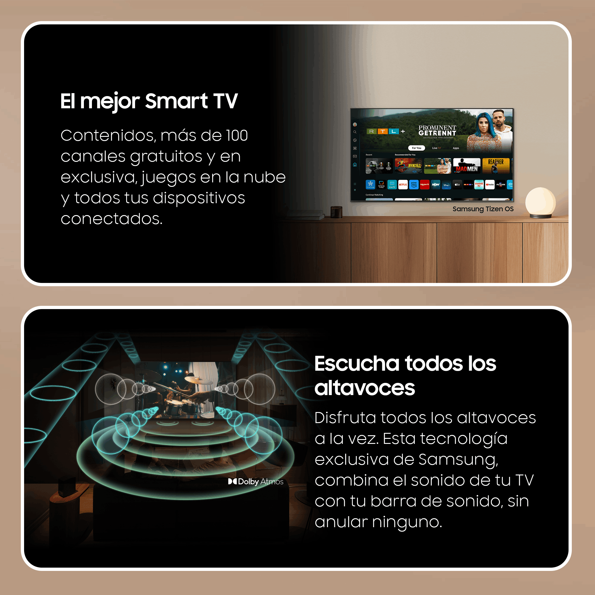 Una interfaz de Smart TV con texto en español, con una sala de estar y una lámpara.