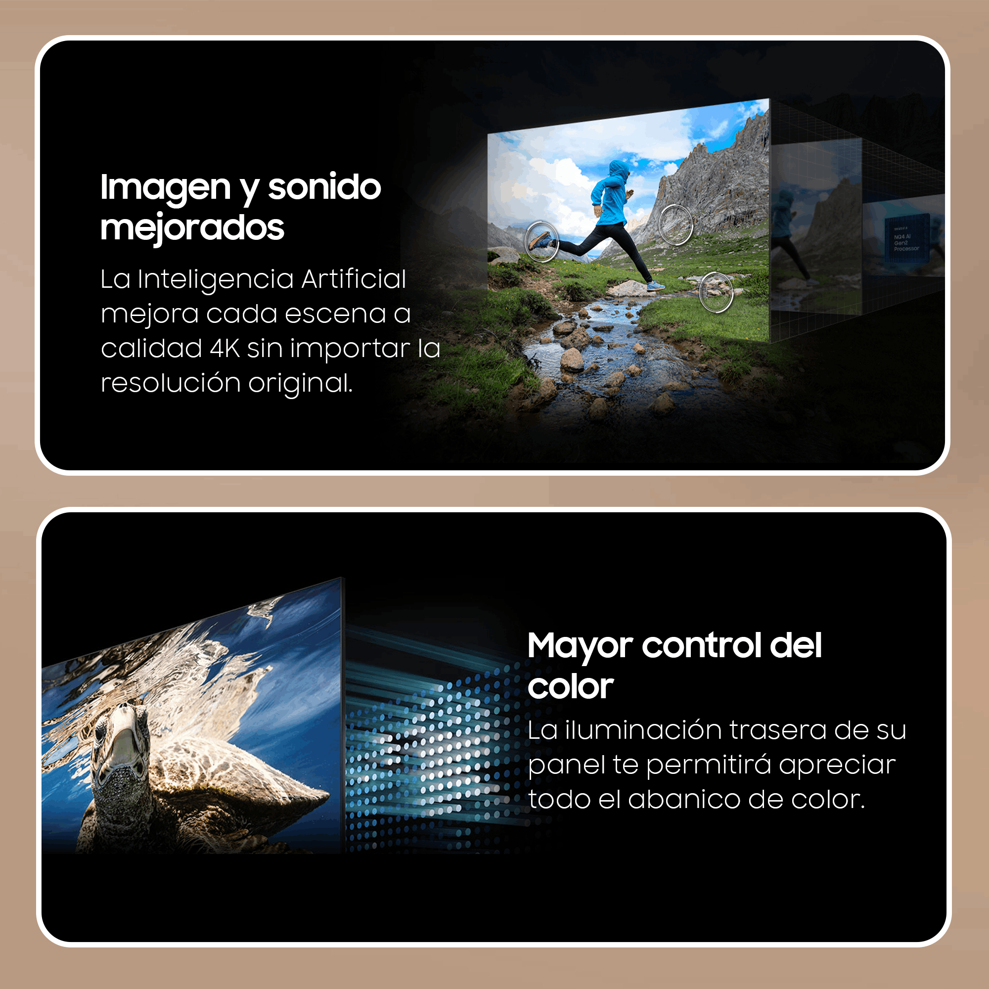 Gráficos promocionales en español con texto sobre mejoras de imagen y sonido.