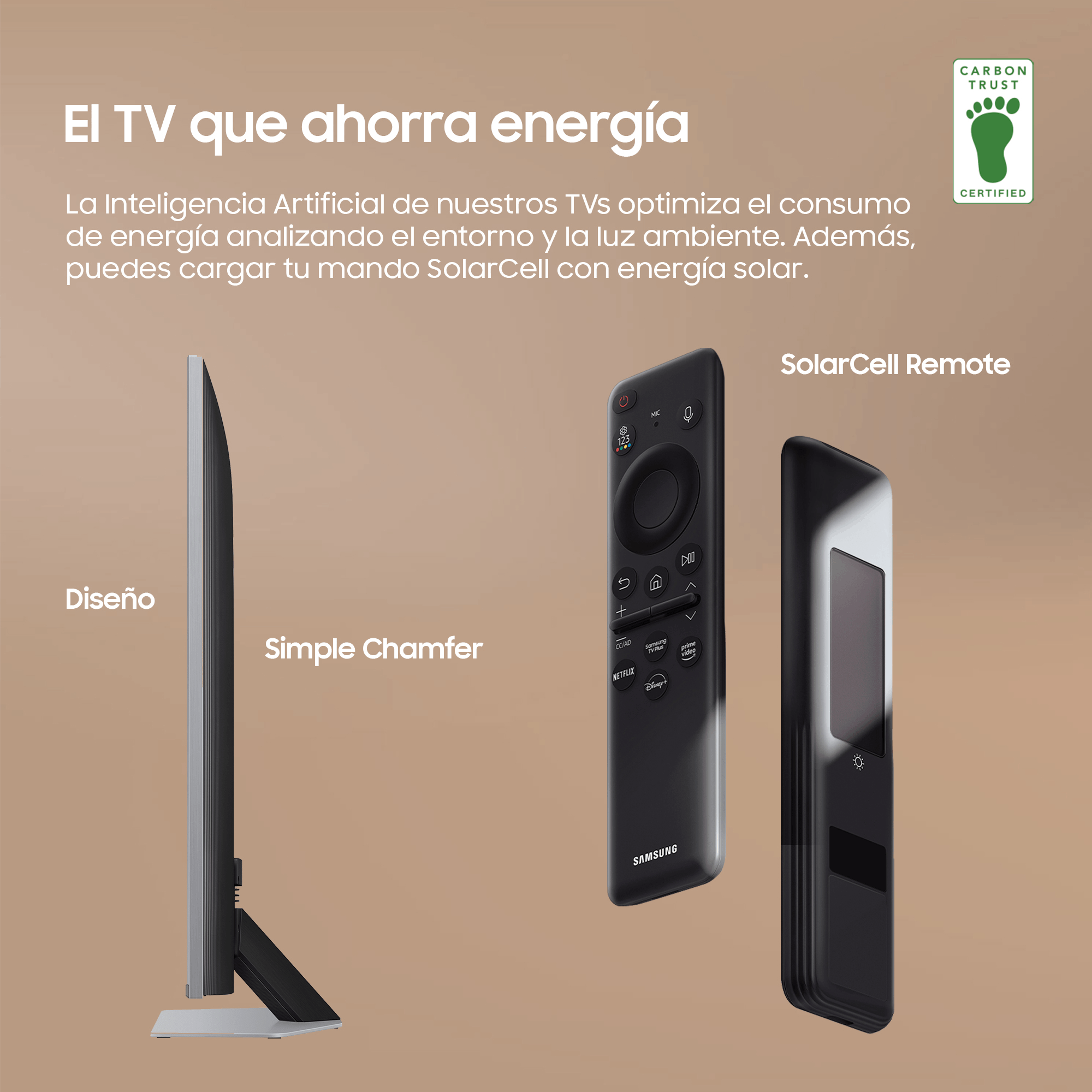 TV Samsung y dos mandos. Texto: 'El TV que ahorra energía'. Mando SolarCell.