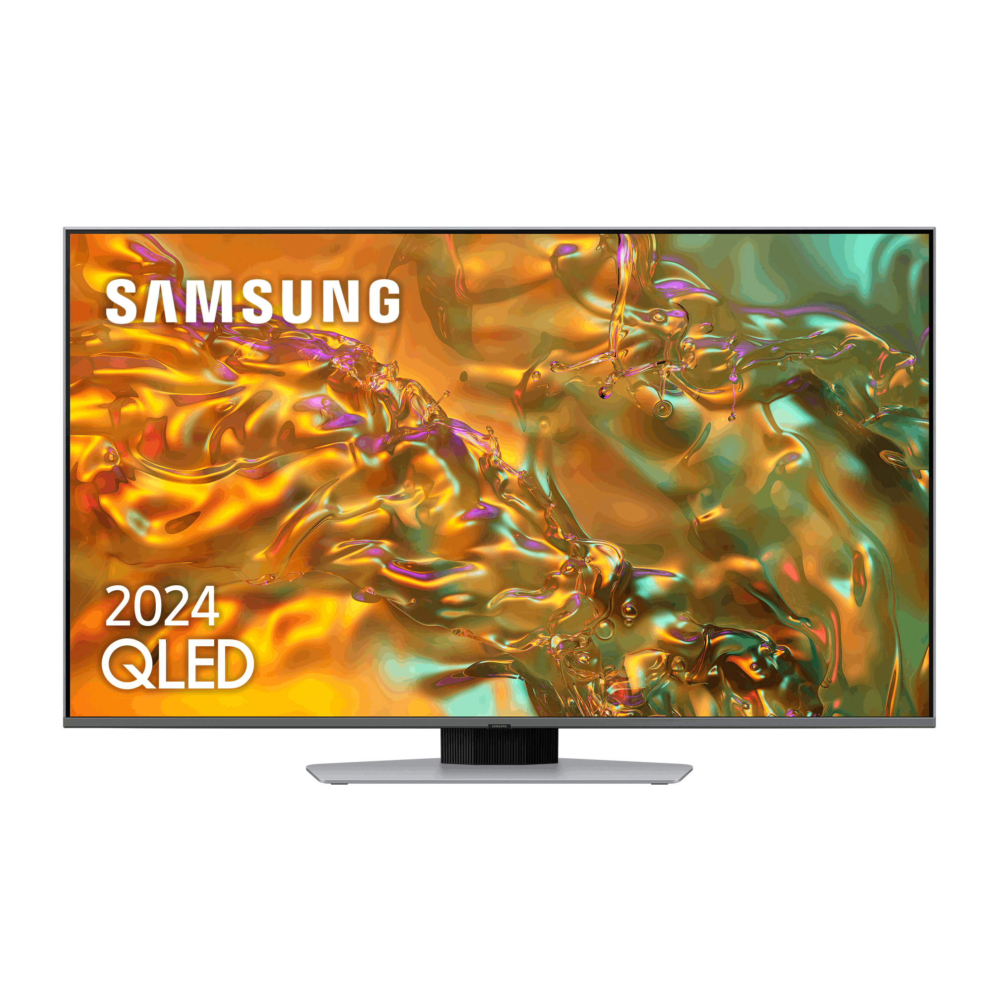Televisor Samsung. Pantalla grande, colores oro y amarillo. Samsung 2024 QLED escrito.