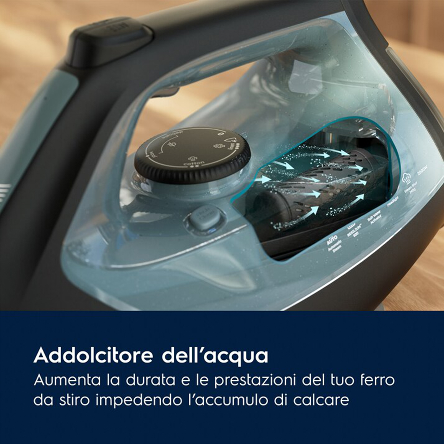 Primo piano di un ferro da stiro con serbatoio dell'acqua, che illustra l'addolcitore.