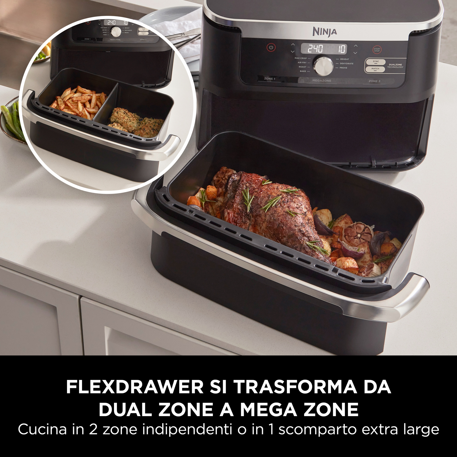 Multicooker Ninja con agnello e patatine fritte in scomparti.