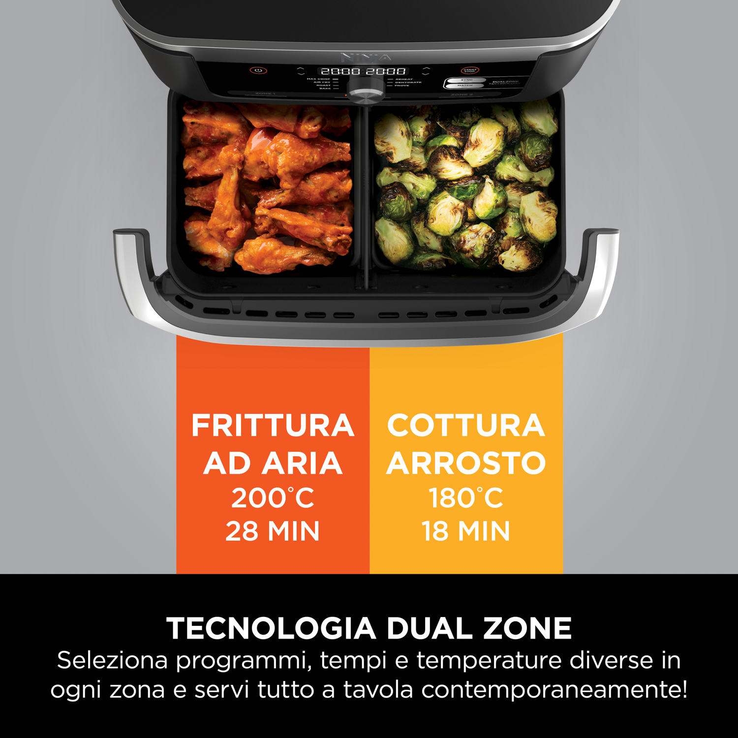 Friggitrice ad aria con due scomparti. Uno con pollo fritto, l'altro con cavoletti di Bruxelles arrostiti. Etichette.