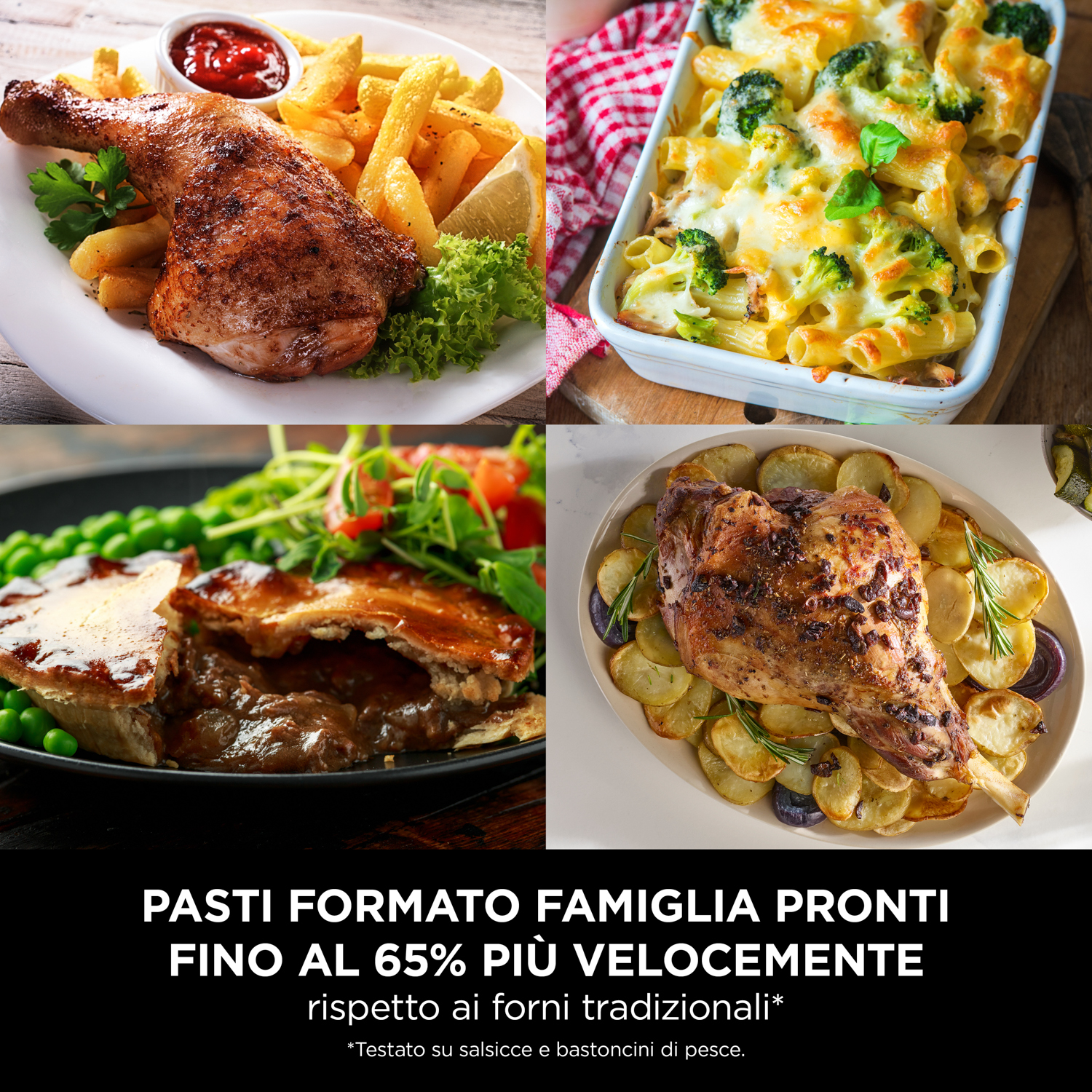 Quattro piatti di cibo, tra cui pollo e pasta, con testo sotto.