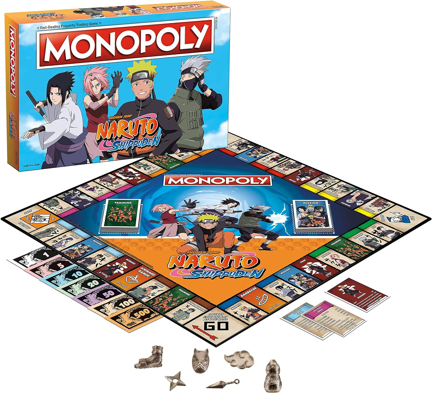 Monopoly társasjáték doboza és nyitott tábla, Naruto Shippuden karakterekkel és tematikus játékelemekkel.