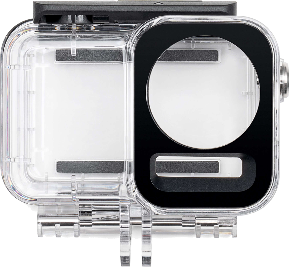 Transparante waterdichte behuizing voor een camera, met een zwarte voorkant en een heldere lens.