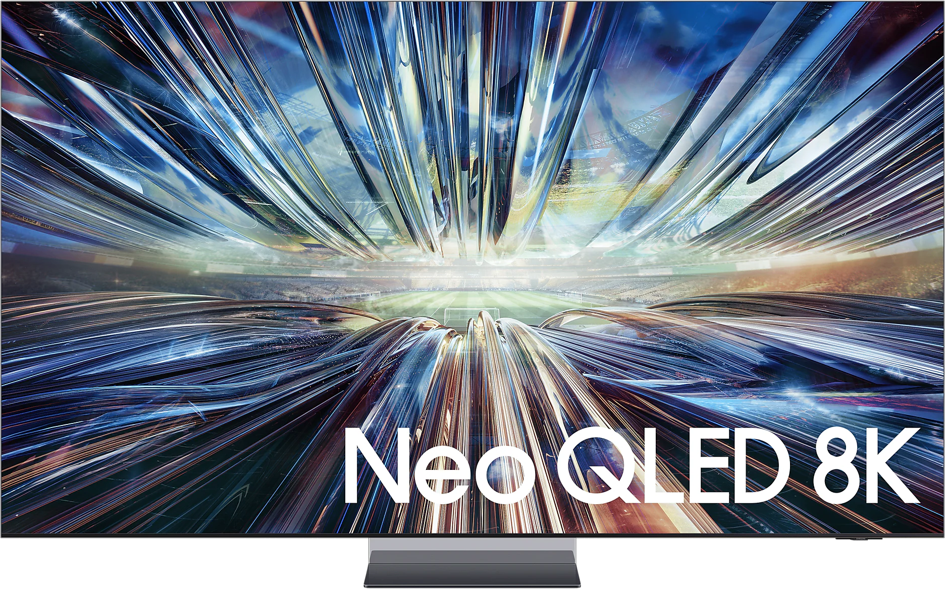 Neo QLED 8K TV színes digitális absztrakt jelenettel, ezüst állvánnyal.