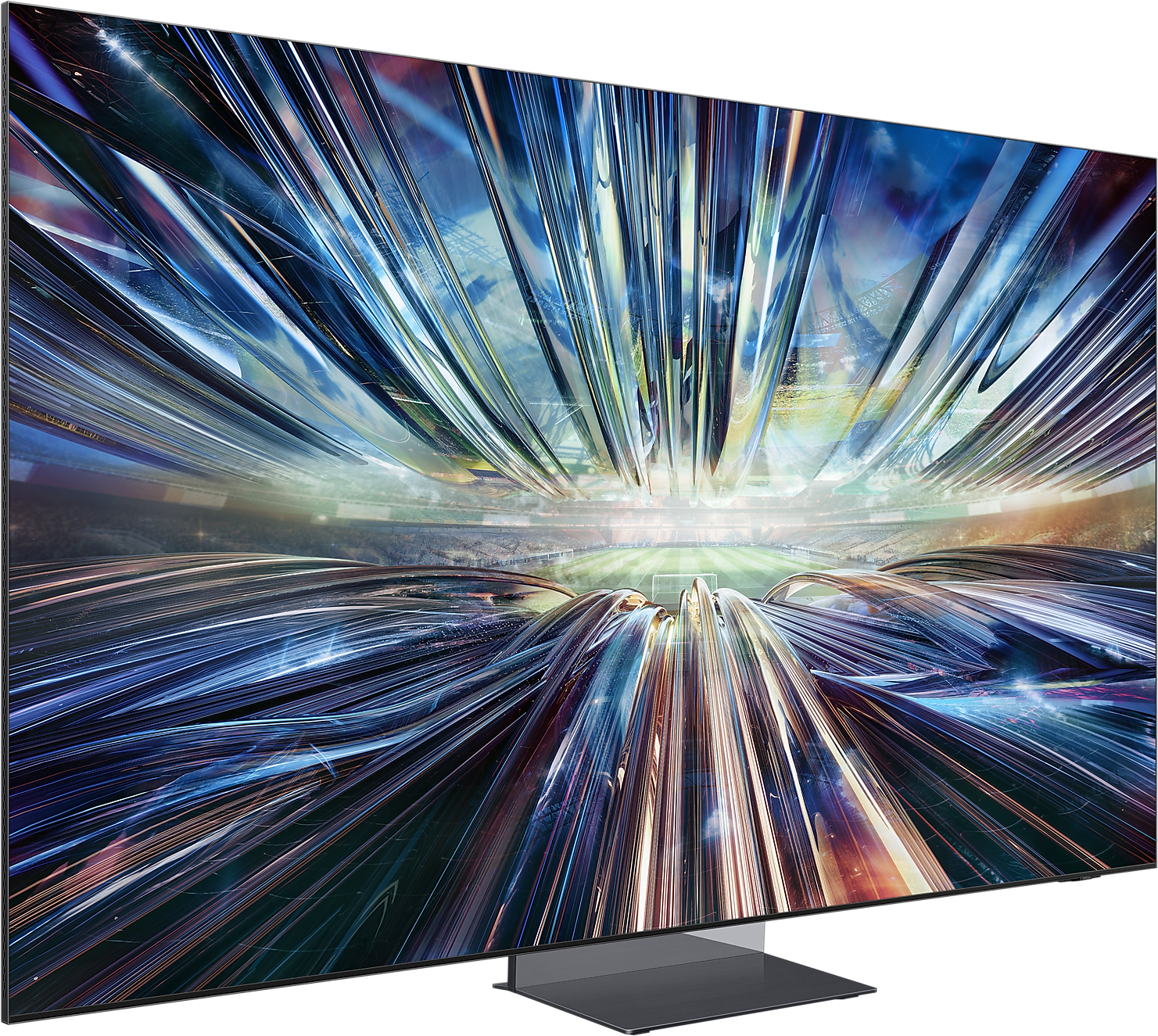 Absztrakt TV-kijelző futurisztikus dizájnnal, amely egy stadiont és áramló fény mintákat mutat.
