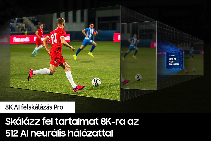 Futballisták a pályán, egy TV-képernyővel, amely a 8K AI Pro funkciókat mutatja be.