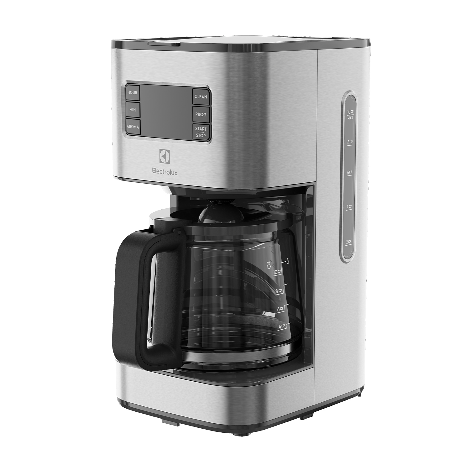 Caffettiera argentata con una caraffa nera e pulsanti. La caraffa ha delle misure.