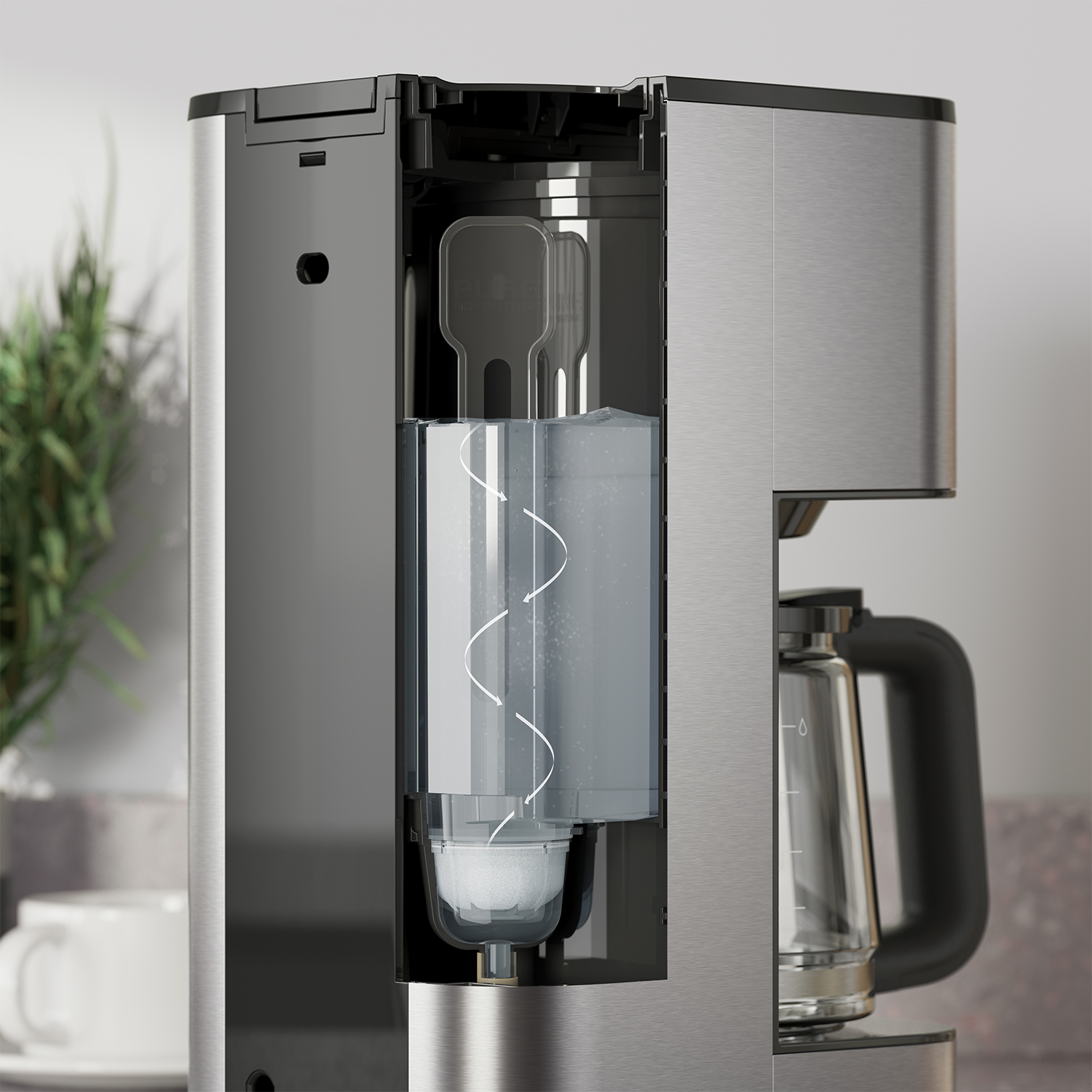 Macchina da caffè che mostra il serbatoio interno dell'acqua e i componenti.