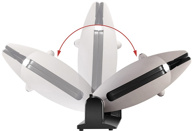 Un gaufrier blanc en trois positions ouvertes, avec une flèche rouge montrant la rotation.