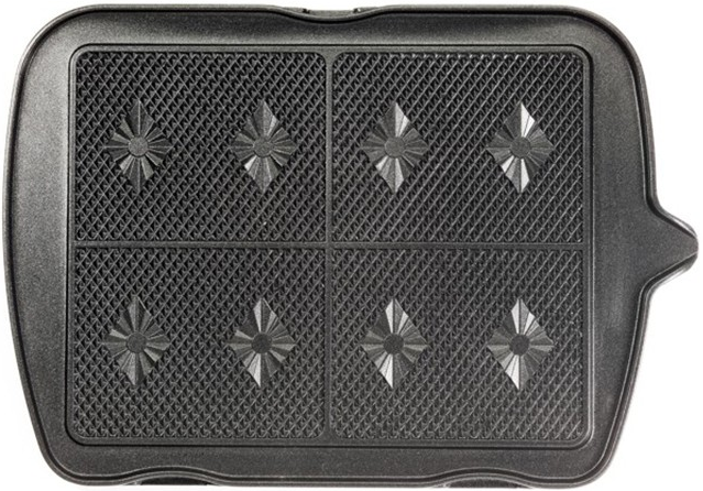 Un gaufrier noir avec un motif quadrillé et des motifs en forme d'étoile.