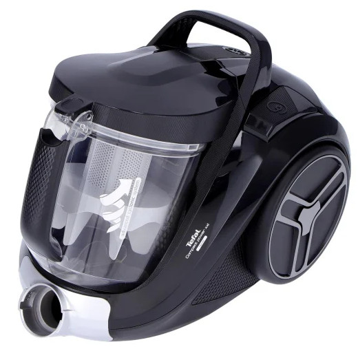 Czarny odkurzacz Tefal Compact Power XL. Ma przezroczysty pojemnik na kurz i czarny uchwyt.