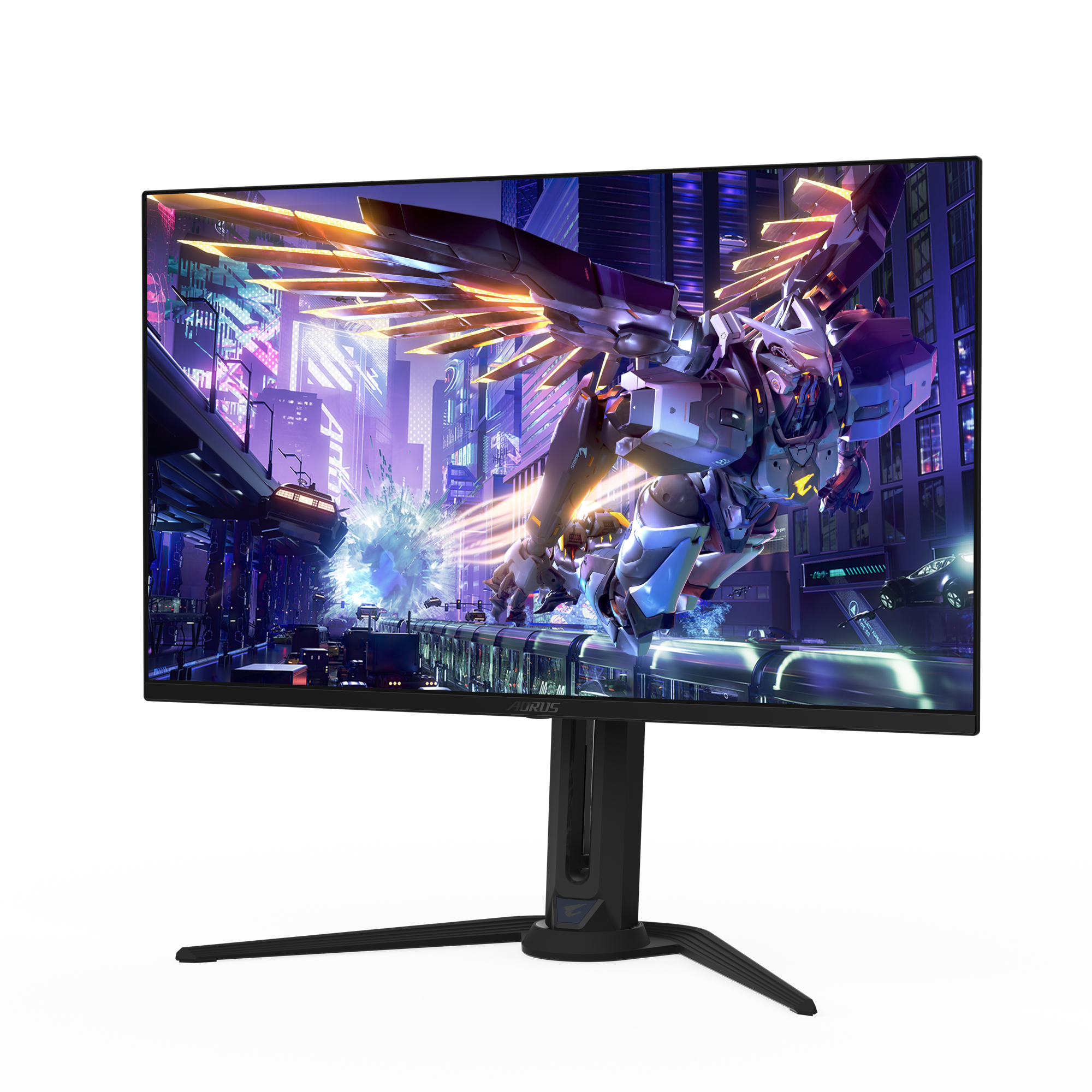 Ein Gaming-Monitor, der eine futuristische Stadtlandschaft mit Roboter zeigt.
