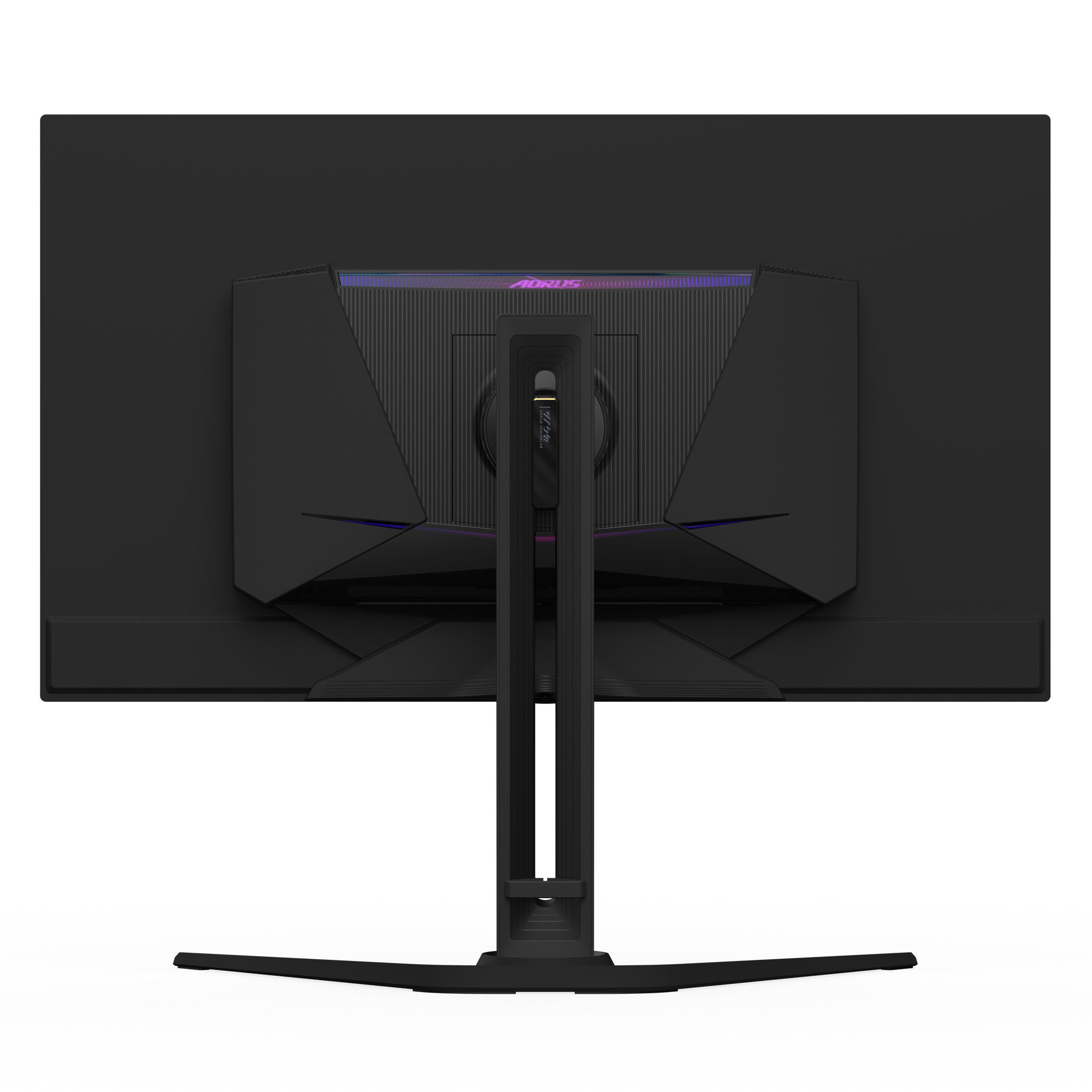 Rückseite eines schwarzen Monitors auf einem Ständer. Die Monitorrückseite hat ein mittiges Design.