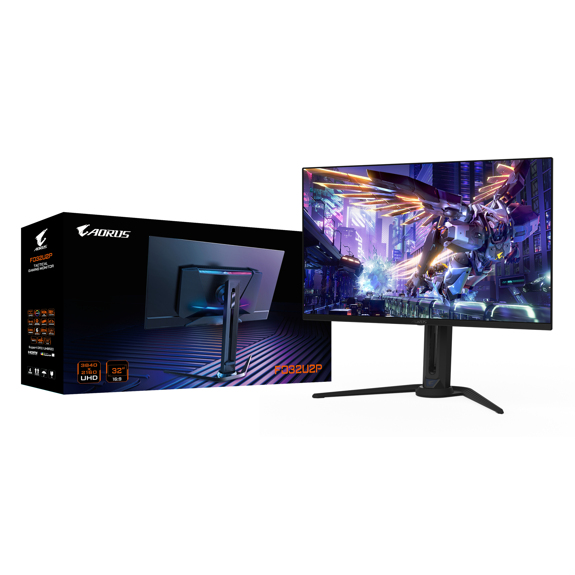 Gaming-Monitor auf einem Ständer mit der Box. Der Monitor zeigt eine Spielszene. Schwarz-Silber-Design.