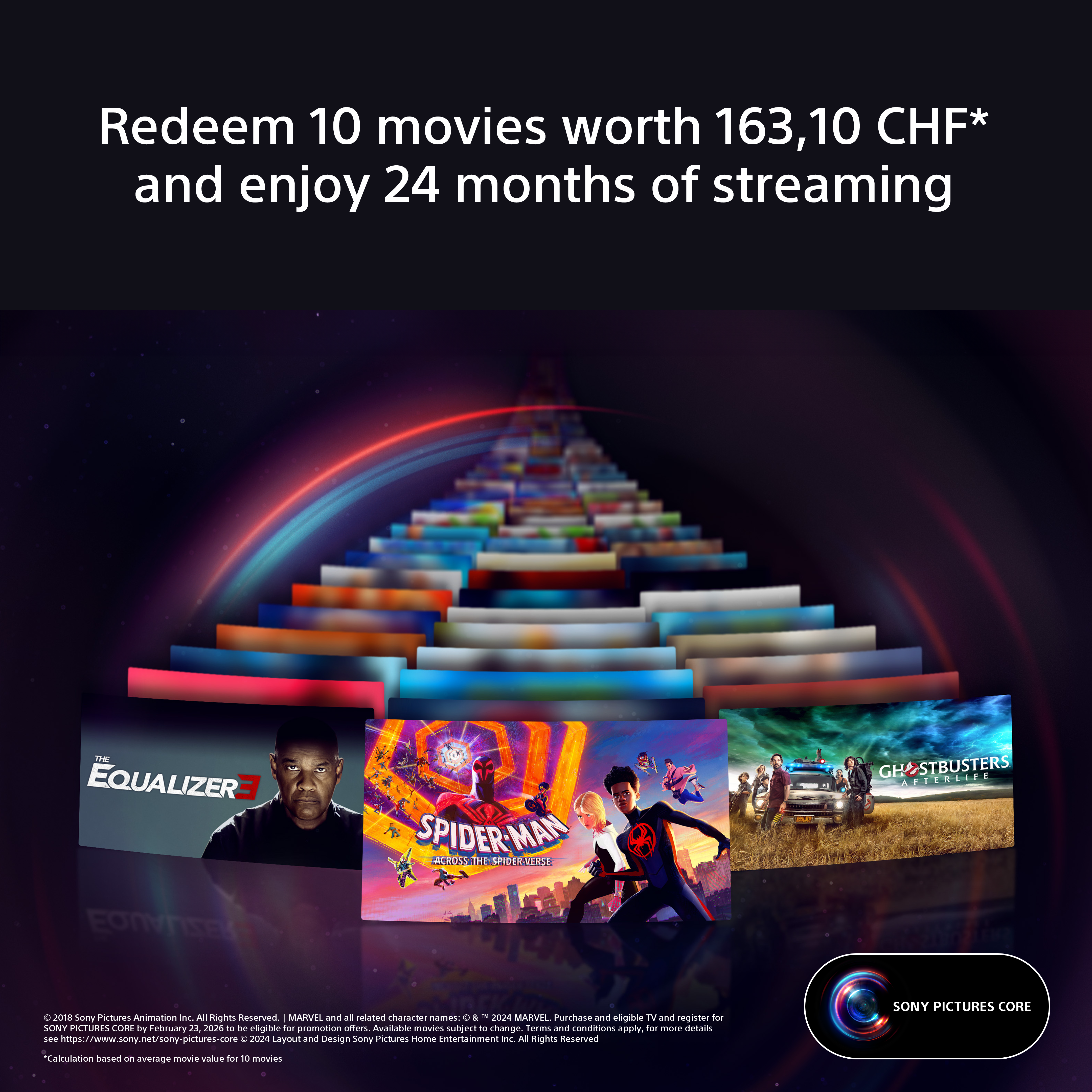 Image promotionnelle. Films, texte et logo Sony Pictures Core. Fond coloré.