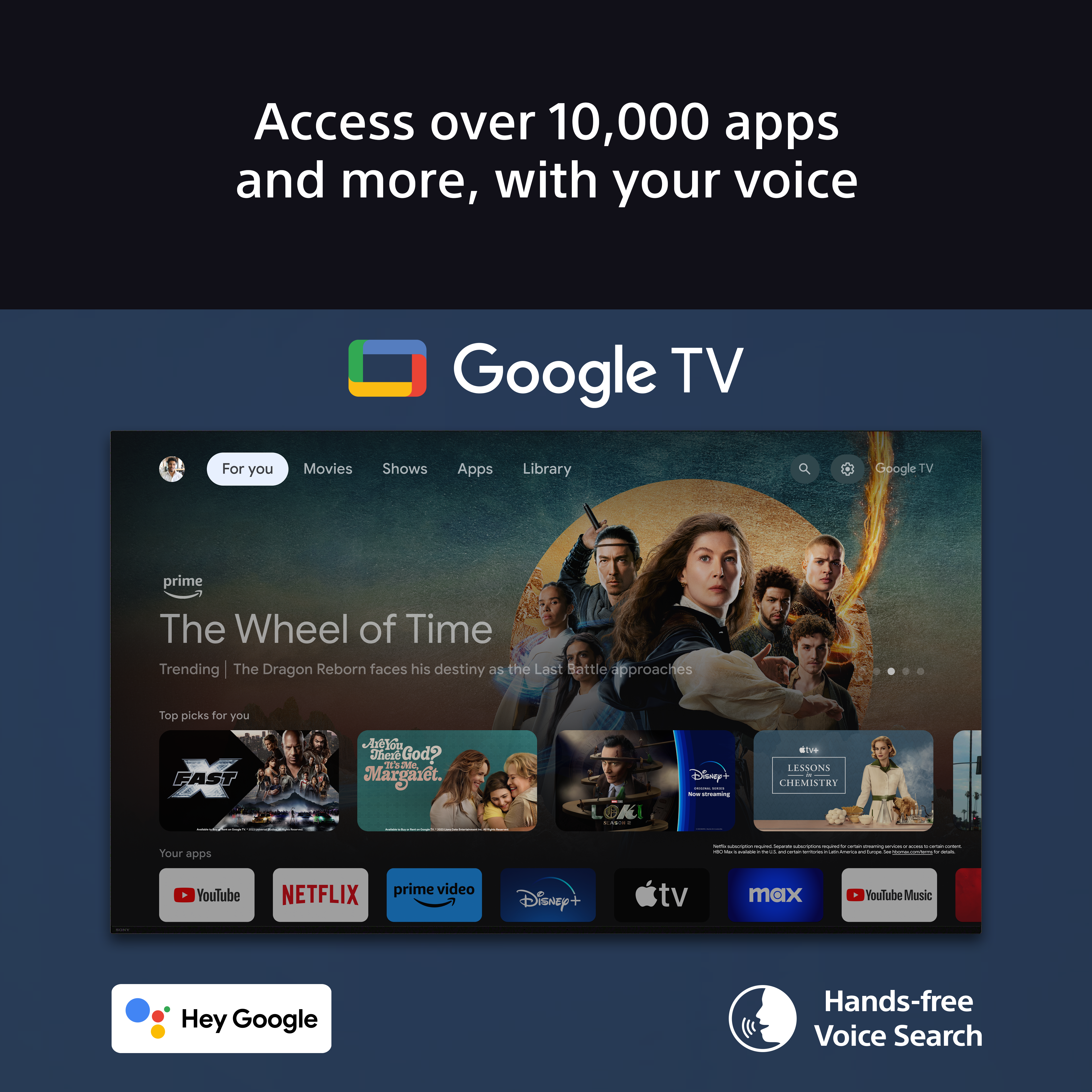 Écran de télévision affichant l'interface Google TV. Plusieurs icônes d'applications sont visibles. Recherche vocale.