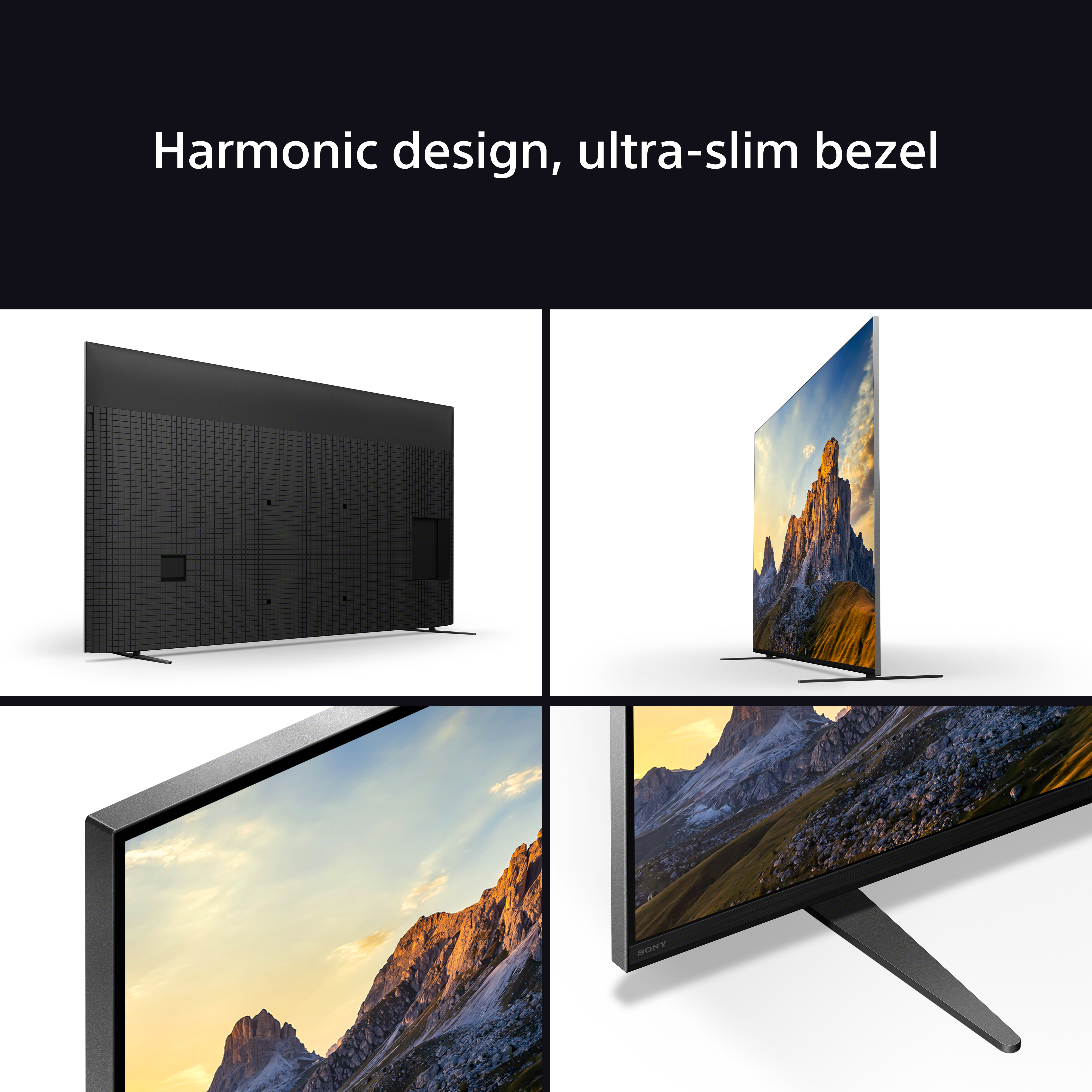Un téléviseur Sony montrant différentes vues, avec le texte 'Design harmonieux, cadre ultra-fin'.