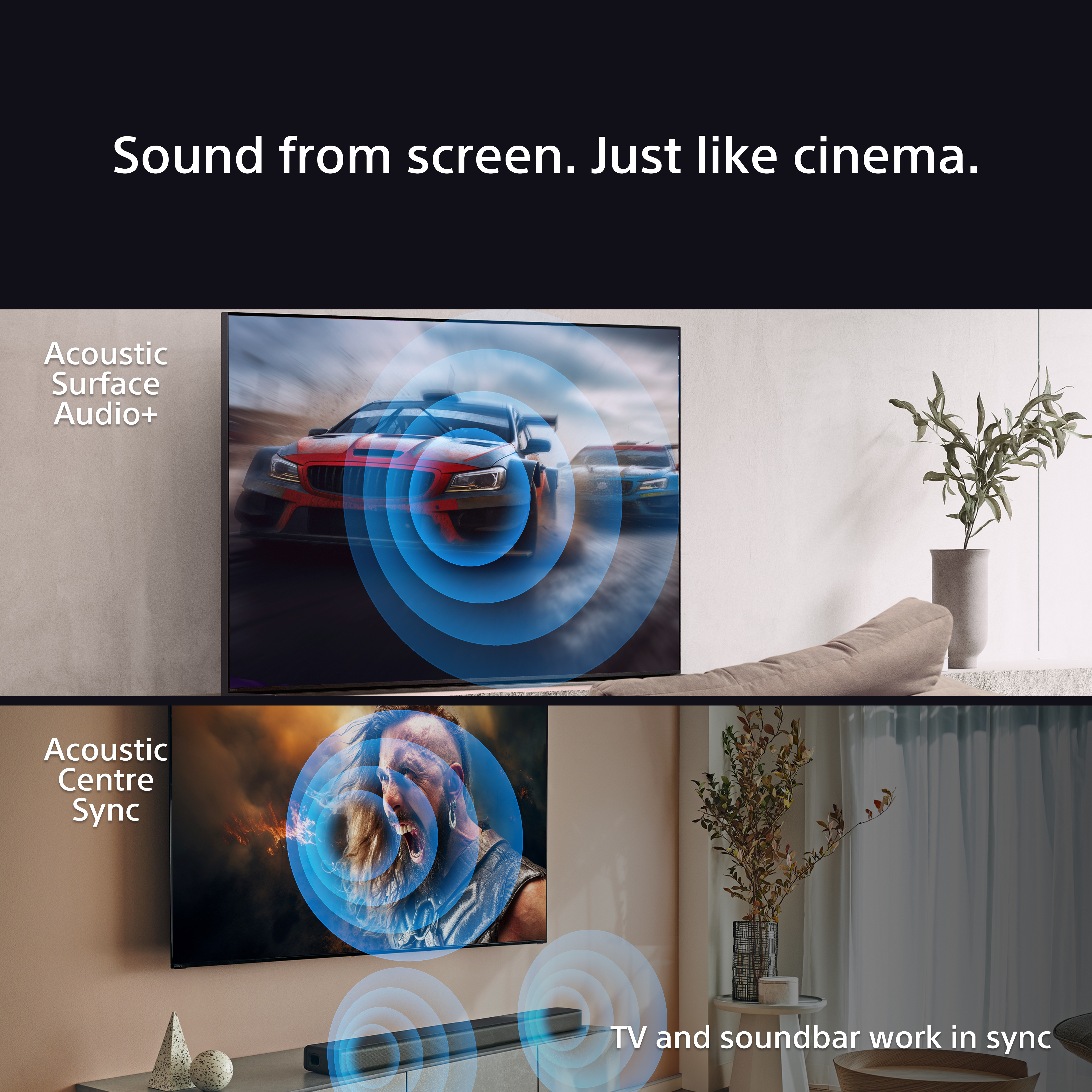 Due TV mostrano scene con onde sonore. Uno ha una soundbar.