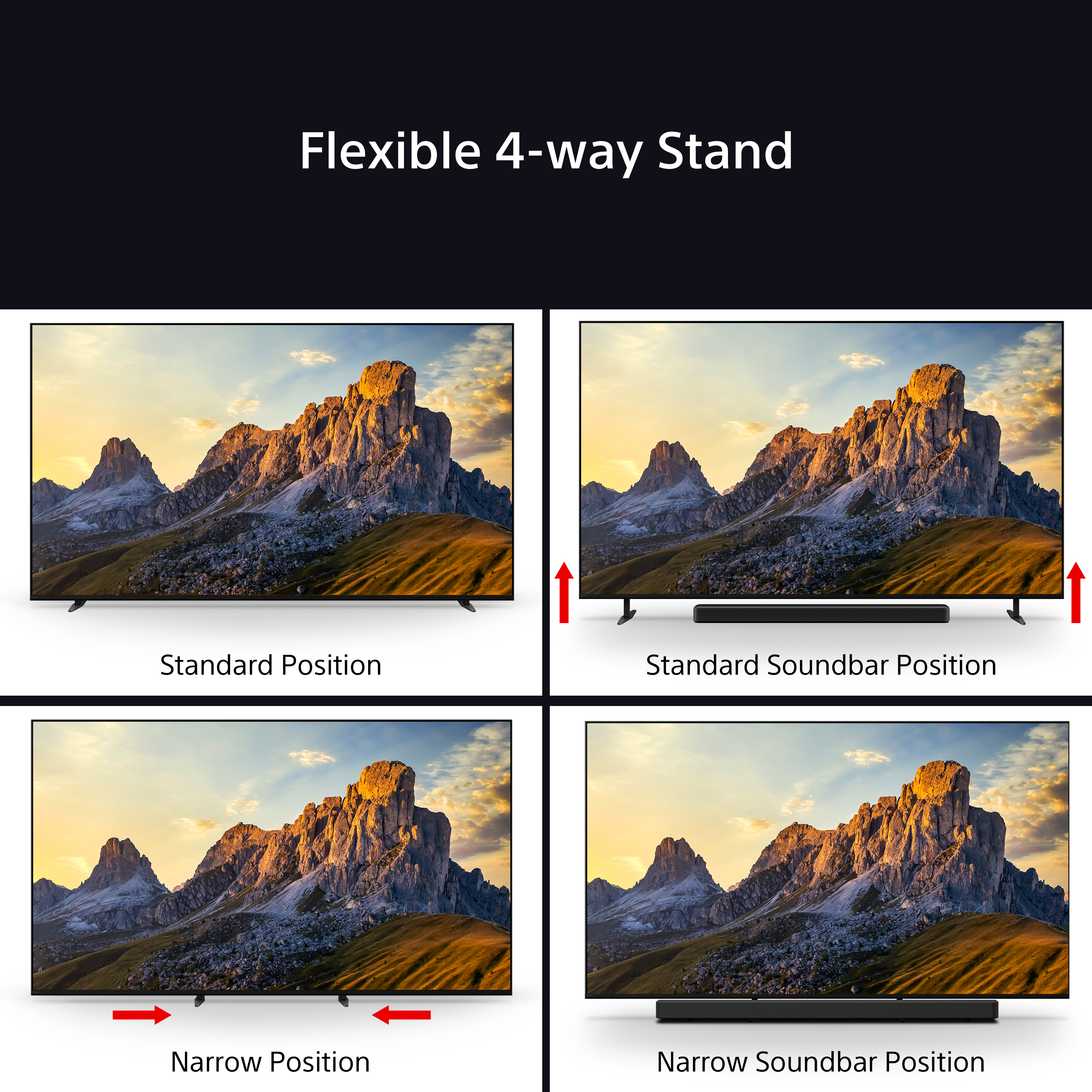 Diagramme montrant un téléviseur avec un pied flexible dans quatre positions différentes.