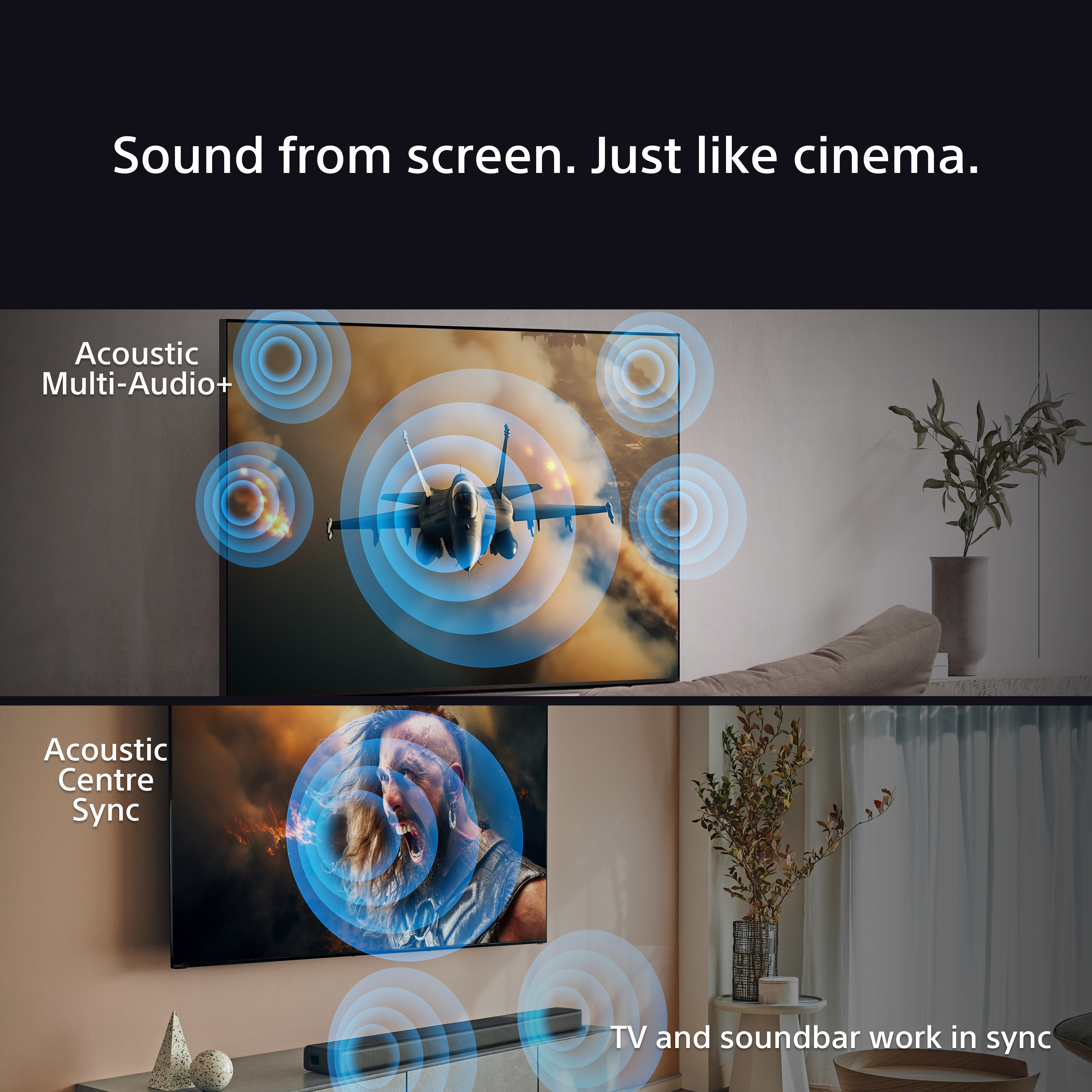 Deux téléviseurs affichant des images et du texte sur les fonctionnalités sonores, dans un cadre domestique.