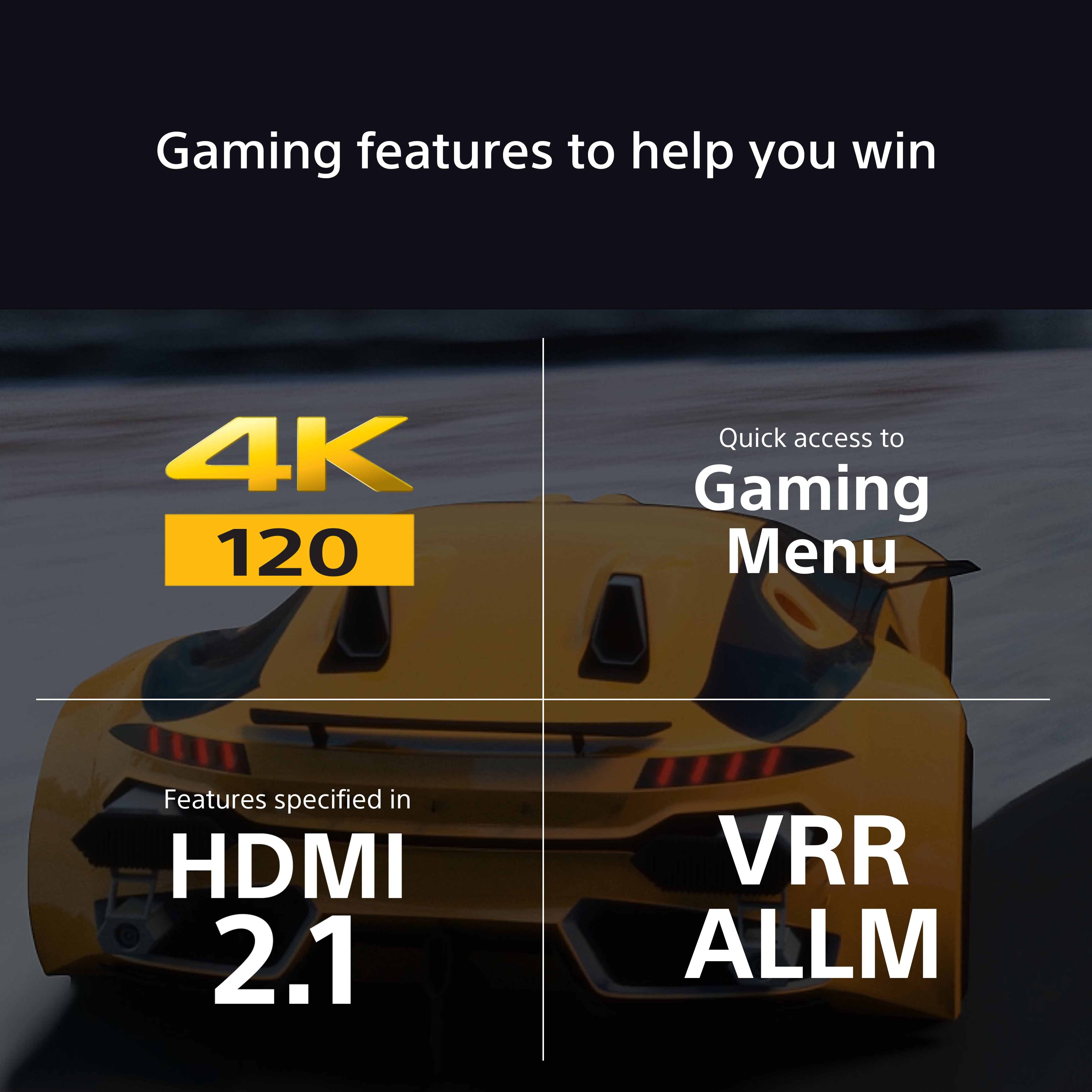 Graphiques montrant '4K 120', 'HDMI 2.1', 'Gaming Menu' et 'VRR ALLM' sur fond de voiture jaune.