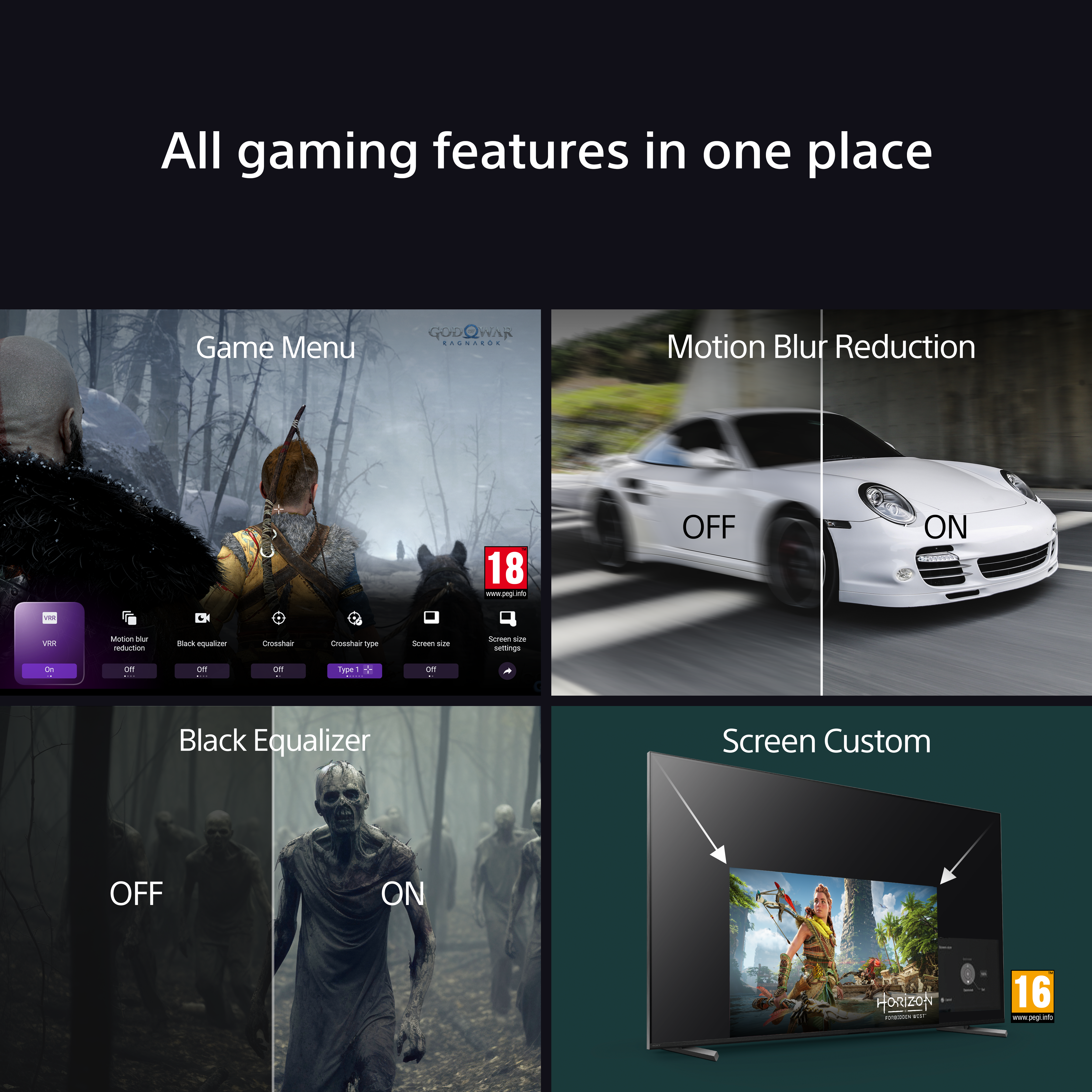 Image affichant des fonctionnalités de jeu : Menu de jeu, Réduction du flou de mouvement, Égaliseur noir et Personnalisation de l'écran.