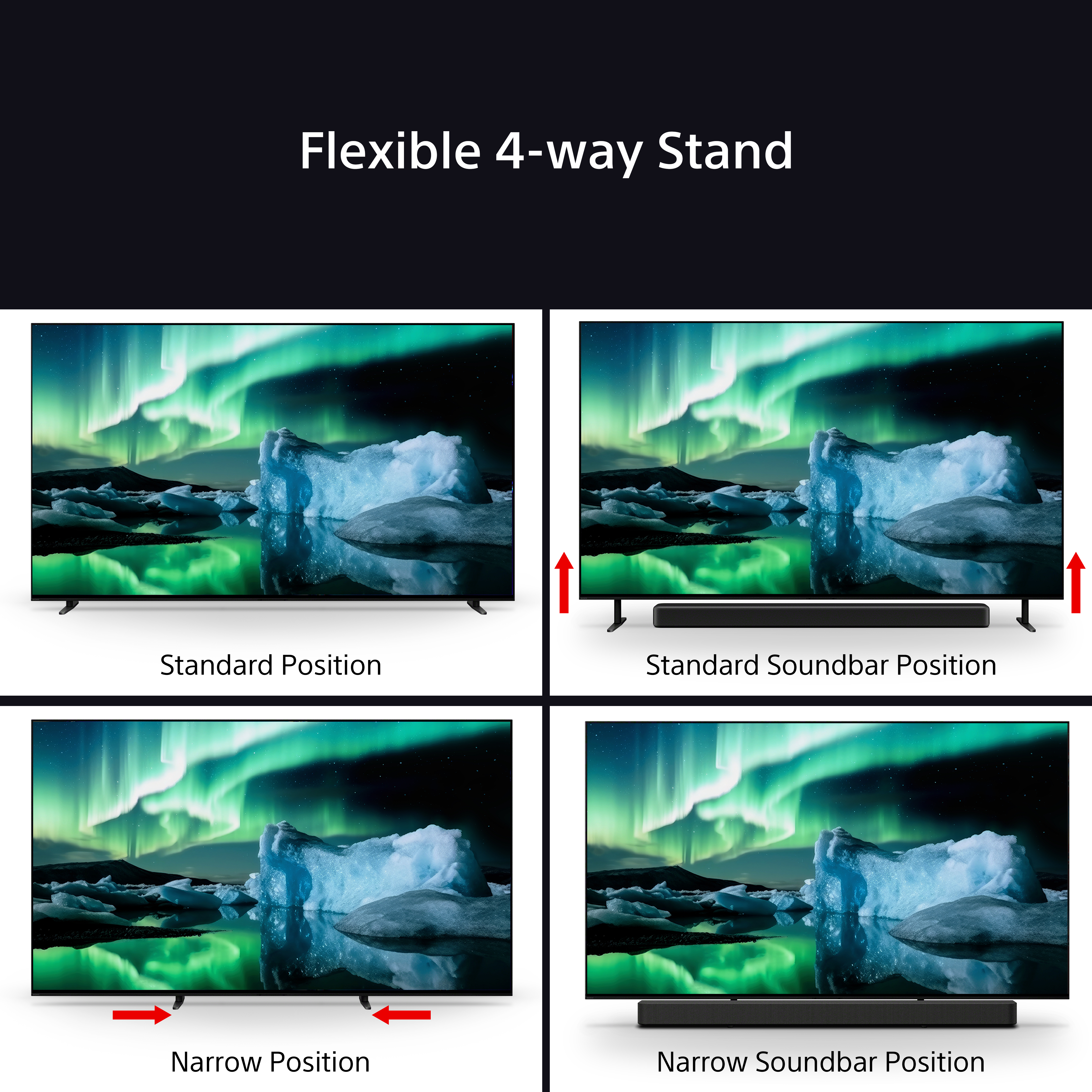 Quattro immagini mostrano una TV in diverse posizioni del supporto: standard, standard con soundbar, stretto e stretto con soundbar.