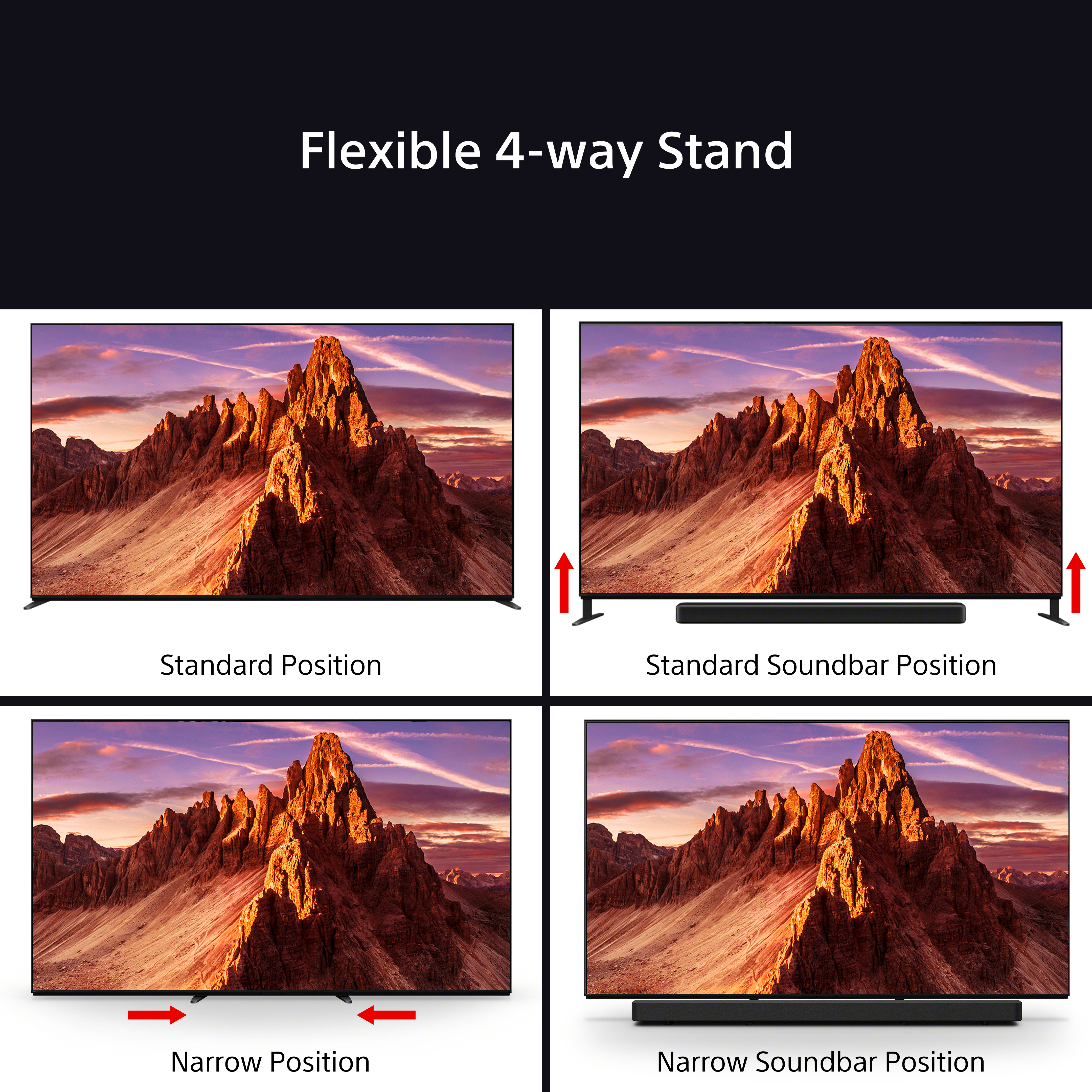 Quatre positions de pied de TV avec une image de montagne.