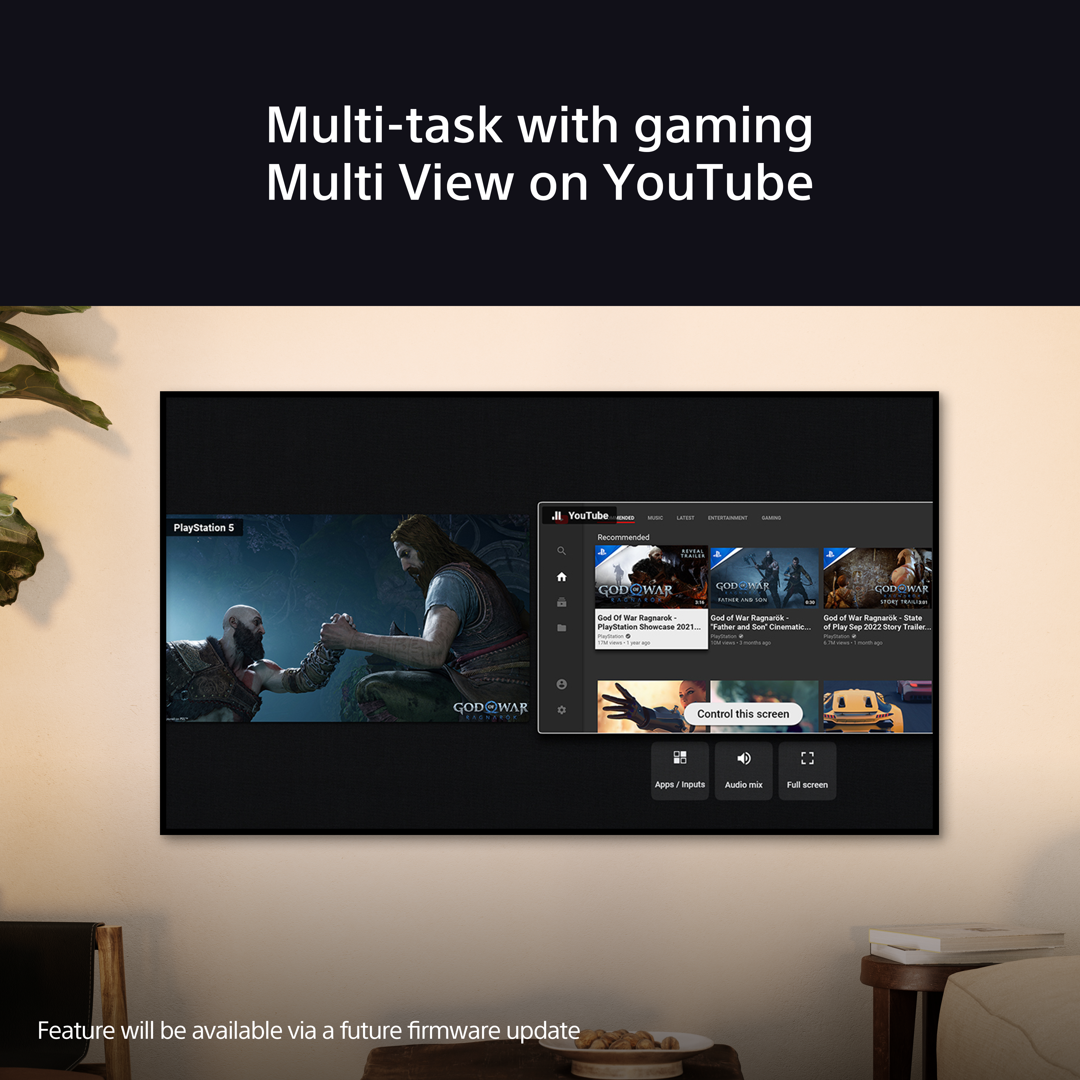 TV affichant le multitâche avec jeux et YouTube. Texte : Multi View.