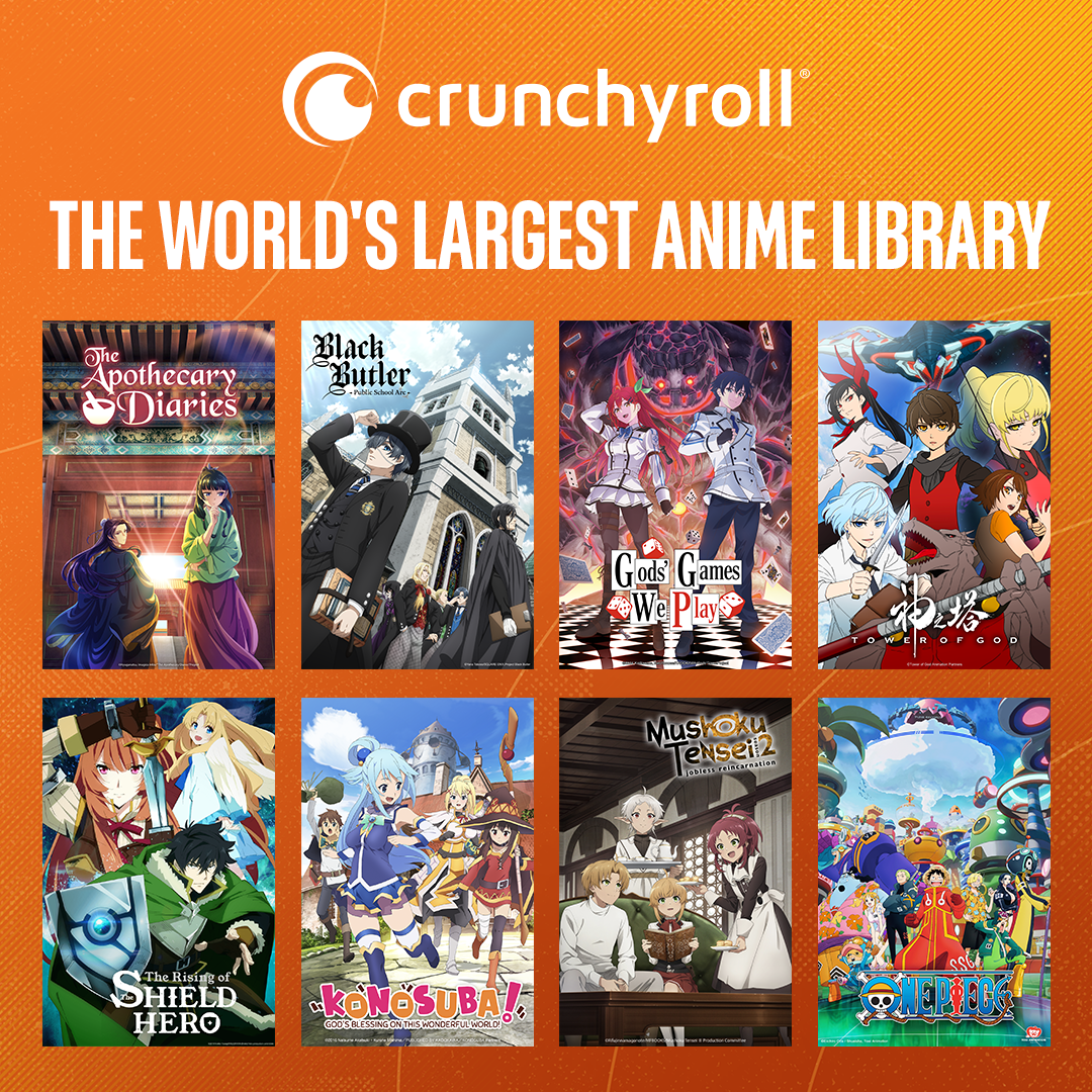 Bannière de la bibliothèque d'anime avec des logos, montrant plusieurs séries animées comme Apothecary Diaries et Black Butler.