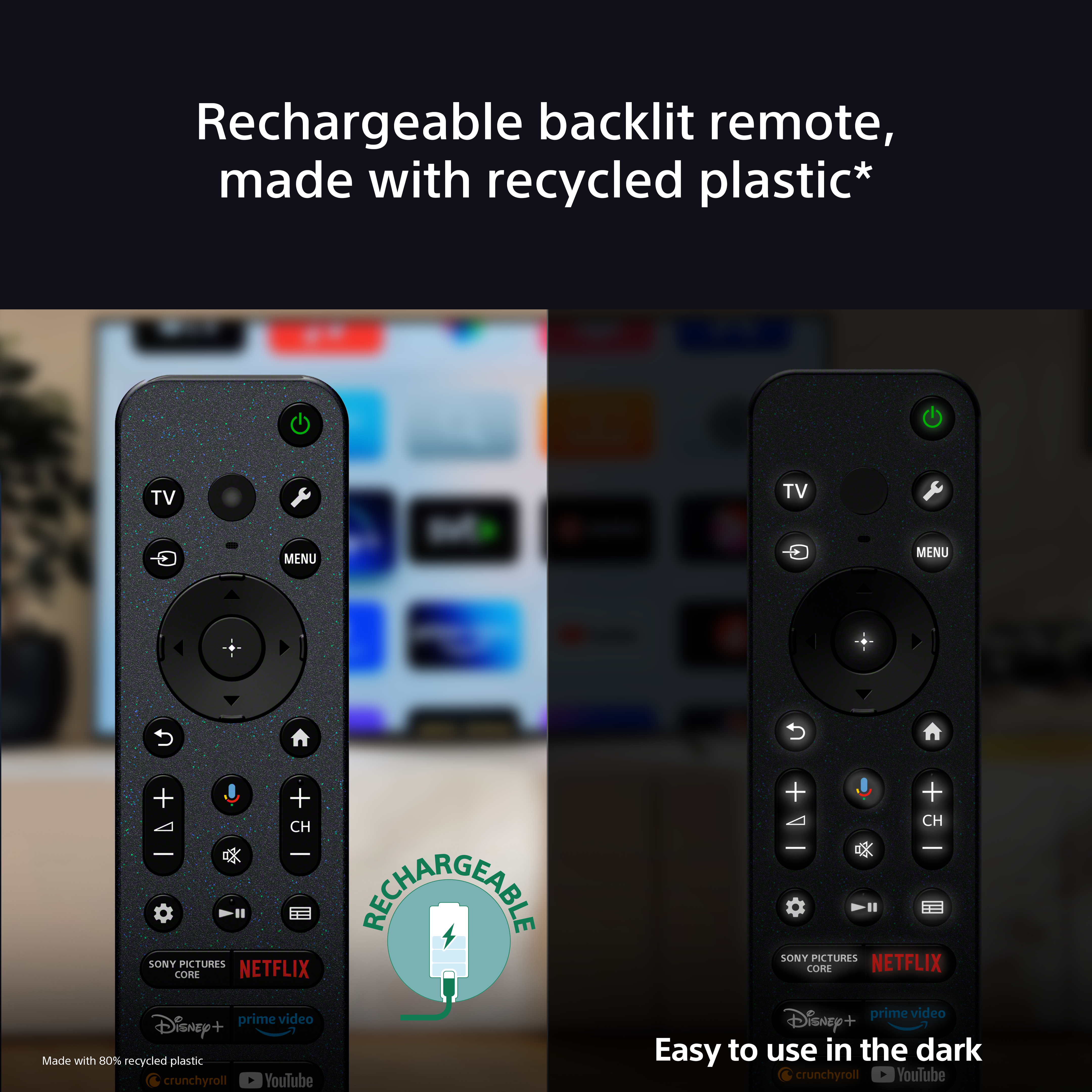 Une télécommande de télévision avec le texte : Télécommande rétroéclairée rechargeable, fabriquée avec du plastique recyclé.
