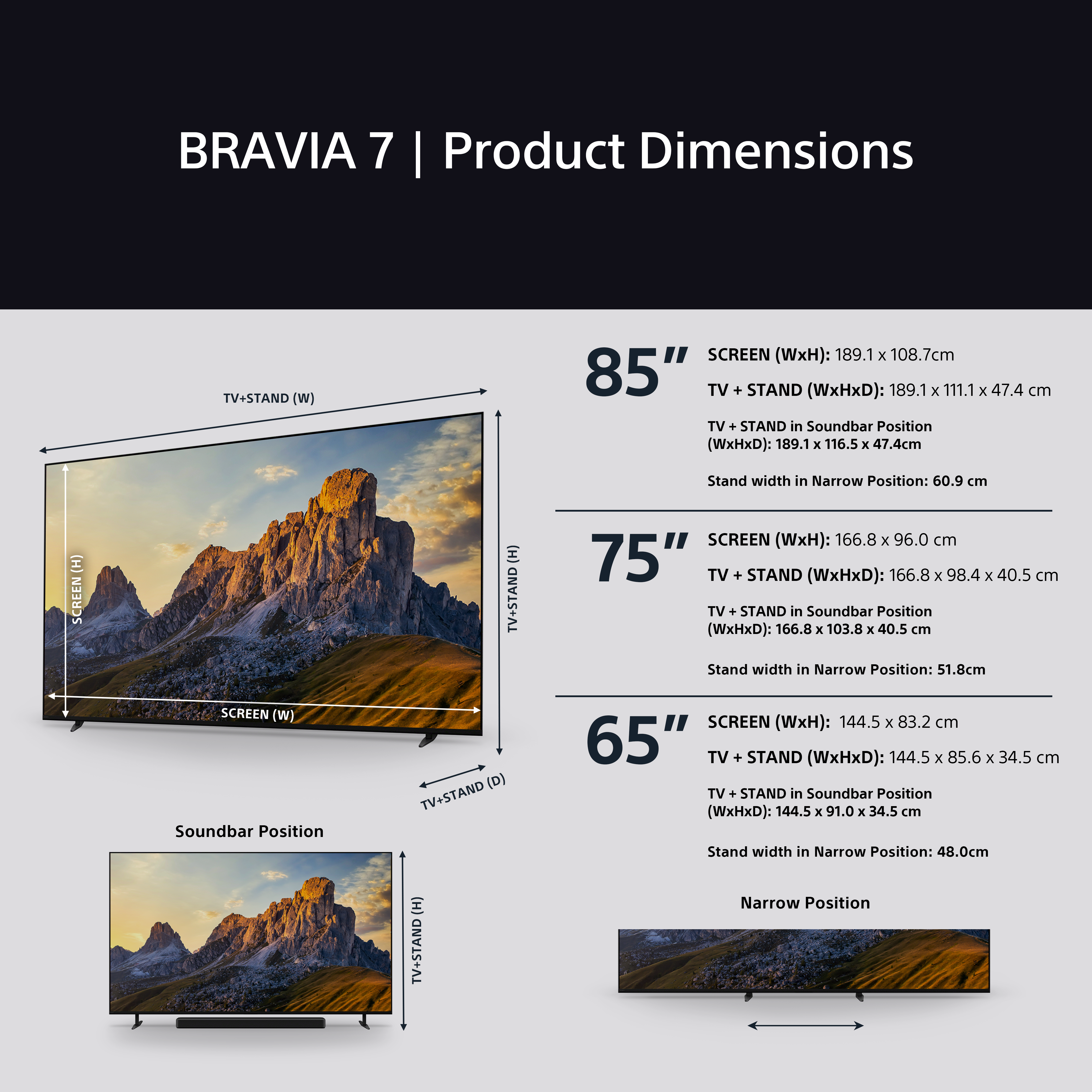 Dimensions du produit TV avec tailles d'écran de 85, 75 et 65 pouces. Les dimensions sont en cm.