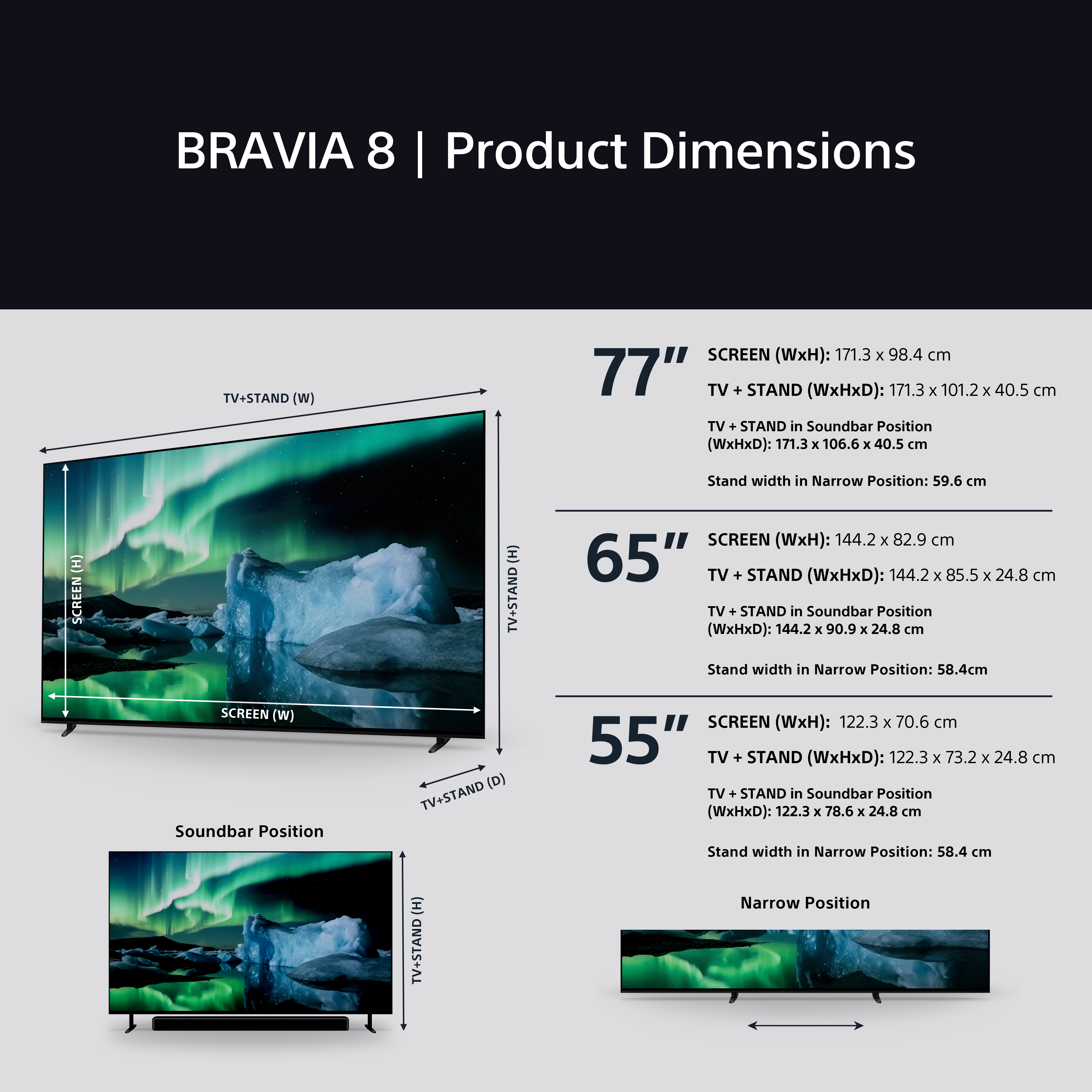 Grafico delle dimensioni del prodotto di un TV. Mostra dimensioni in pollici, inclusa posizione soundbar.