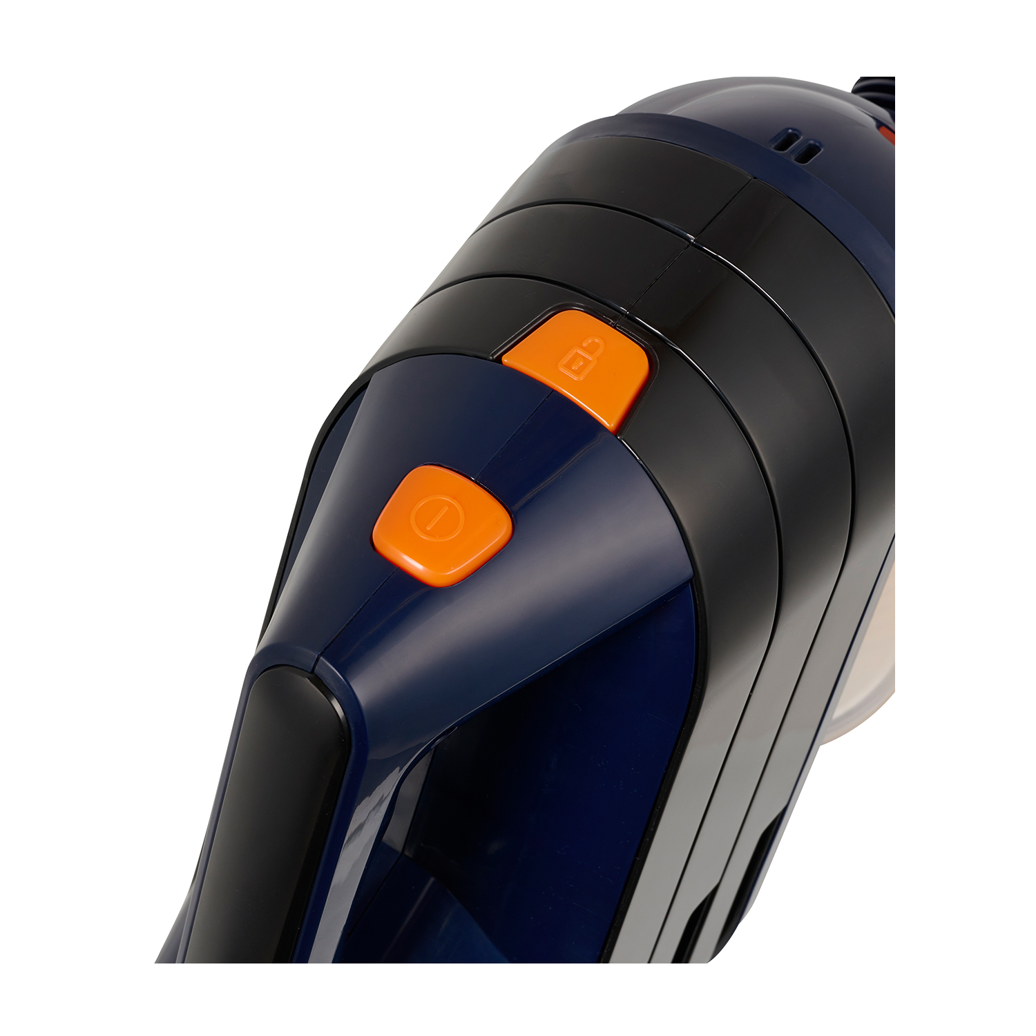 Primo piano di un aspirapolvere blu e nero con pulsanti arancioni su sfondo bianco.