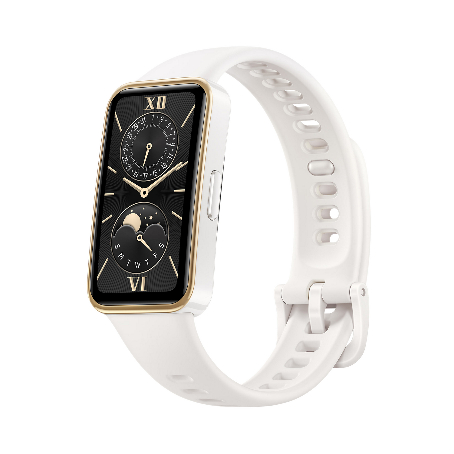 Smartwatch con correa blanca y marco dorado. La esfera muestra la hora, fases lunares y fechas.